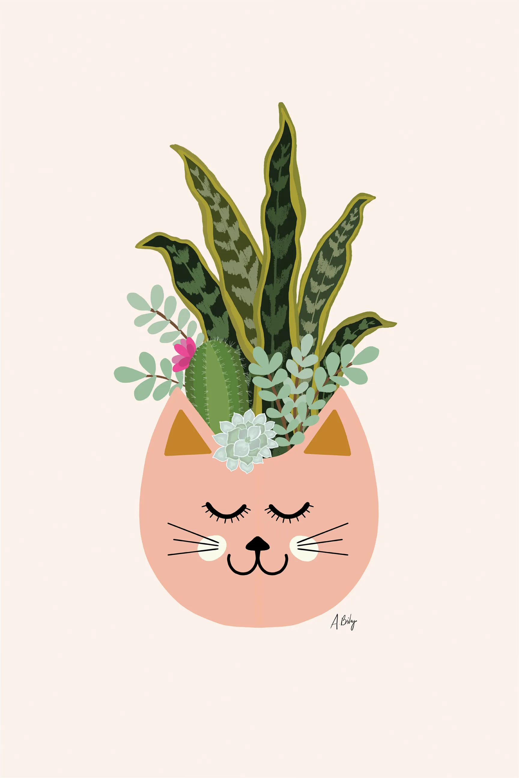 Kids Tropical Cat Pink Artwork - Thumbnail - Image 1
