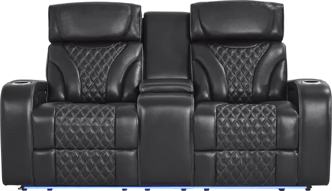 Horizon Ridge Black Leather Triple Power Reclining Console Loveseat with Massage and Heat