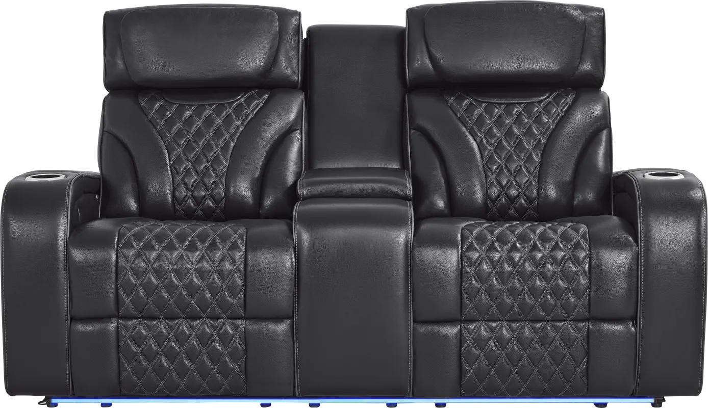 Horizon Ridge Black Leather Triple Power Reclining Console Loveseat with Massage and Heat