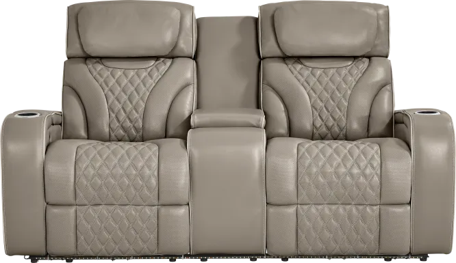 Horizon Ridge Beige Leather Triple Power Reclining Console Loveseat with Massage and Heat