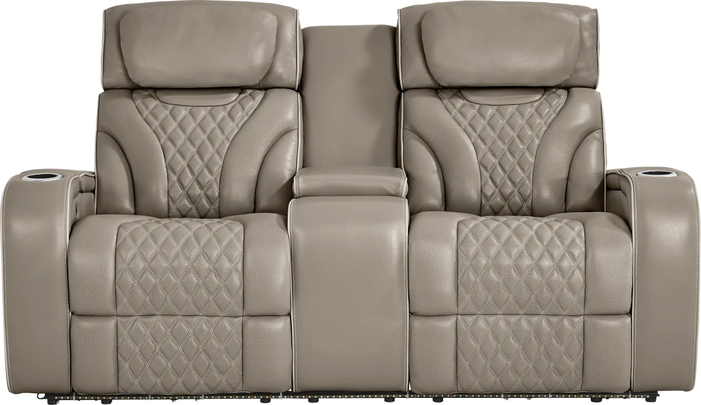 Horizon Ridge Beige Leather Triple Power Reclining Console Loveseat with Massage and Heat