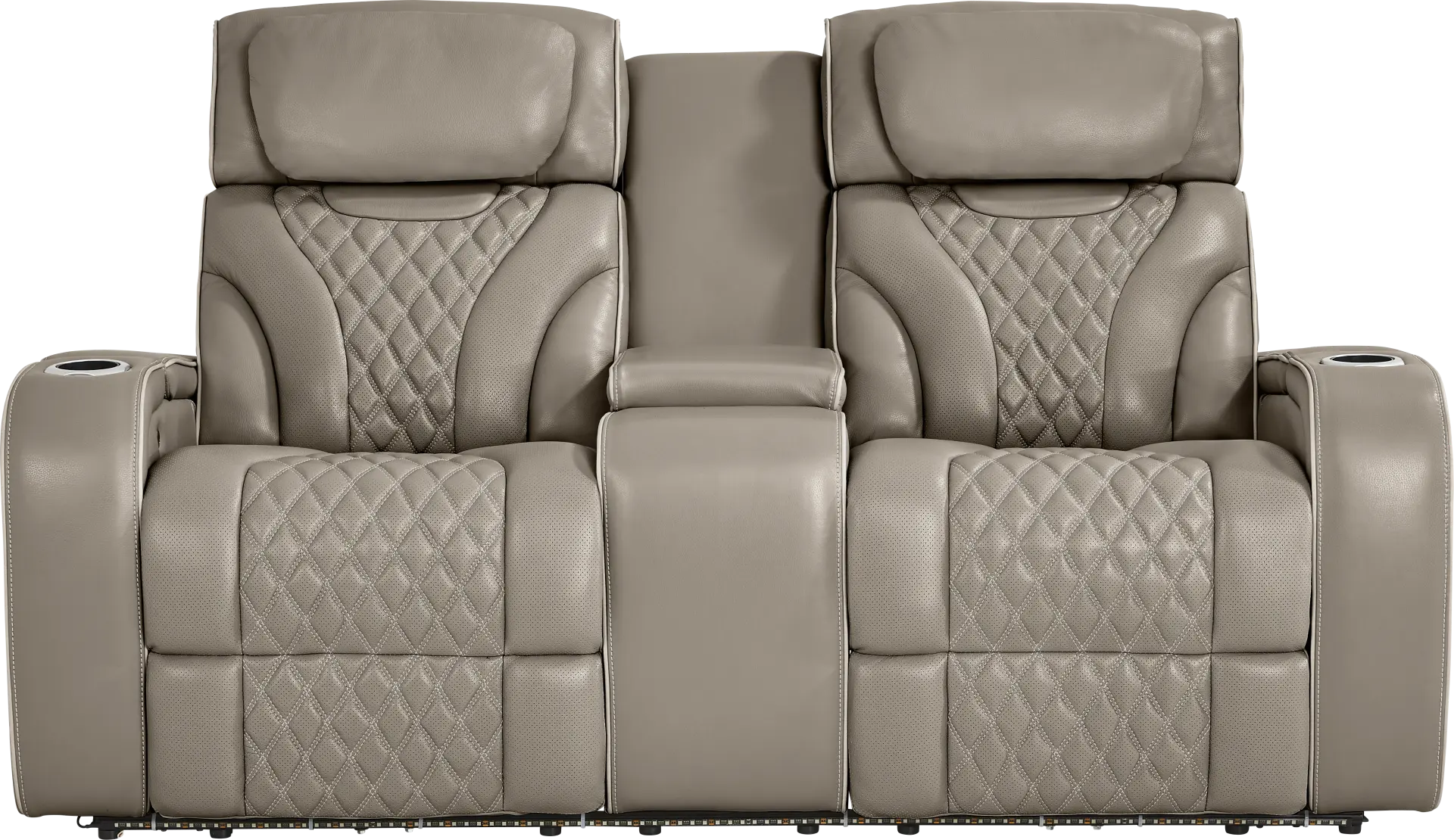 Horizon Ridge Beige Leather Triple Power Reclining Console Loveseat with Massage and Heat