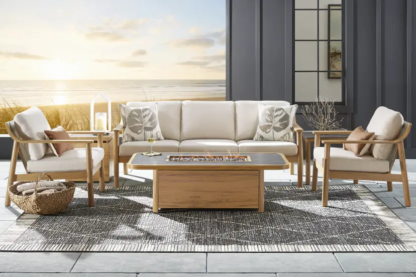 Logen Natural 4 Pc Outdoor Fire Pit Seating Set with Beige Cushions