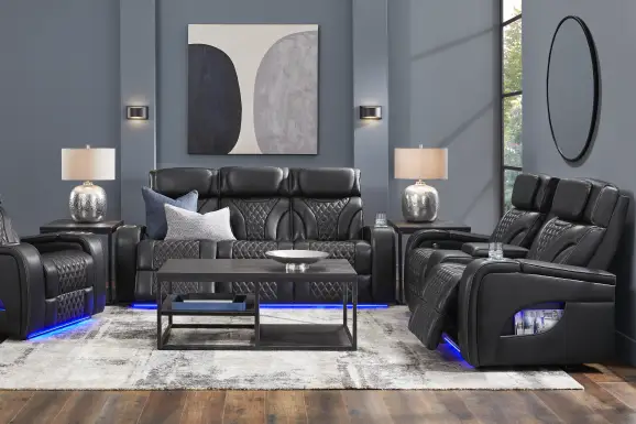 Horizon Ridge Black Leather 5 Pc Triple Power Reclining Living Room with Massage and Heat