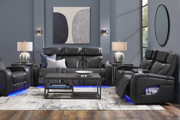Horizon Ridge Black Leather Triple Power Reclining Console Loveseat with Massage and Heat
