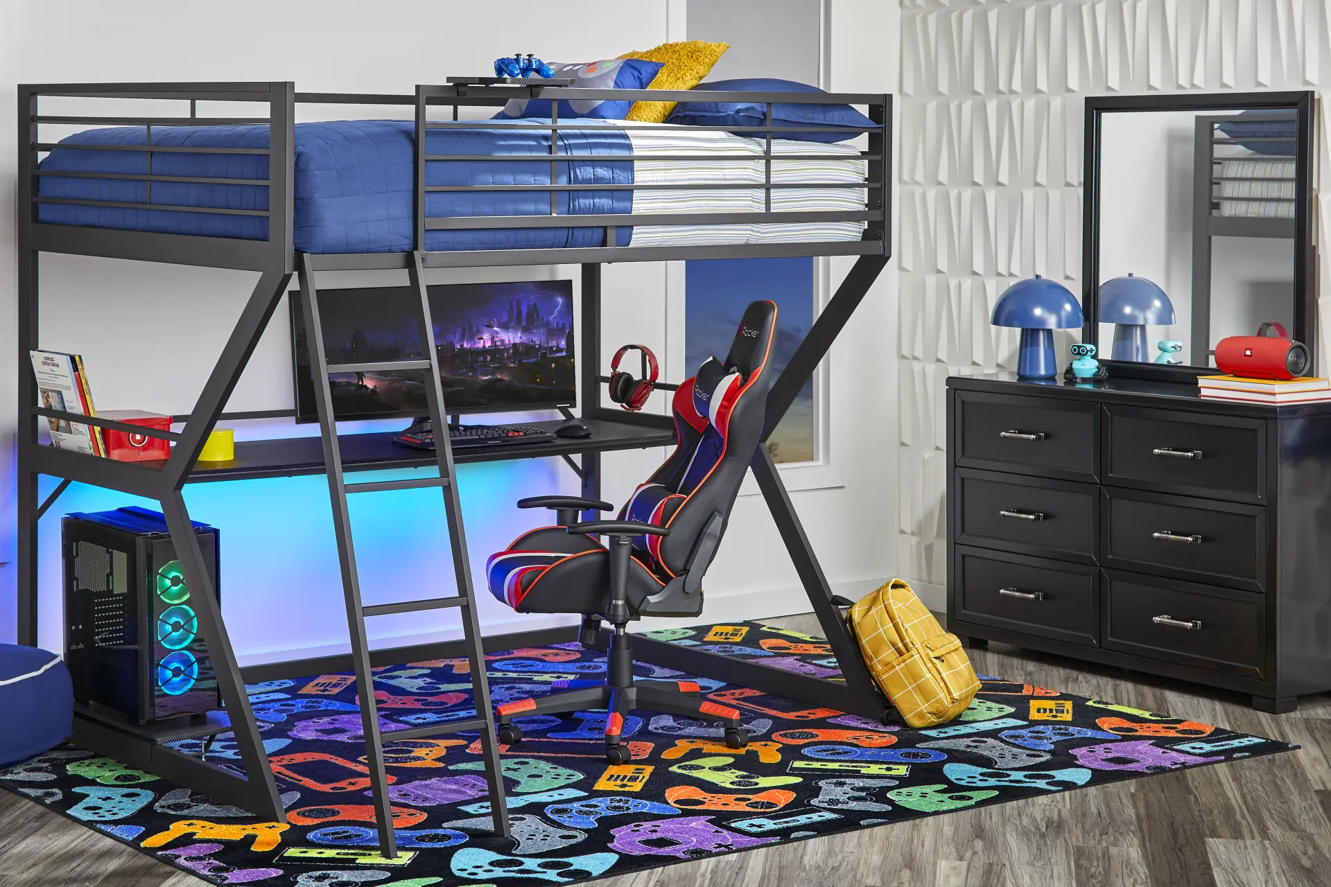 Kids Carbon Optix Black Full Gaming Loft Bed with LED Lights and Accessories