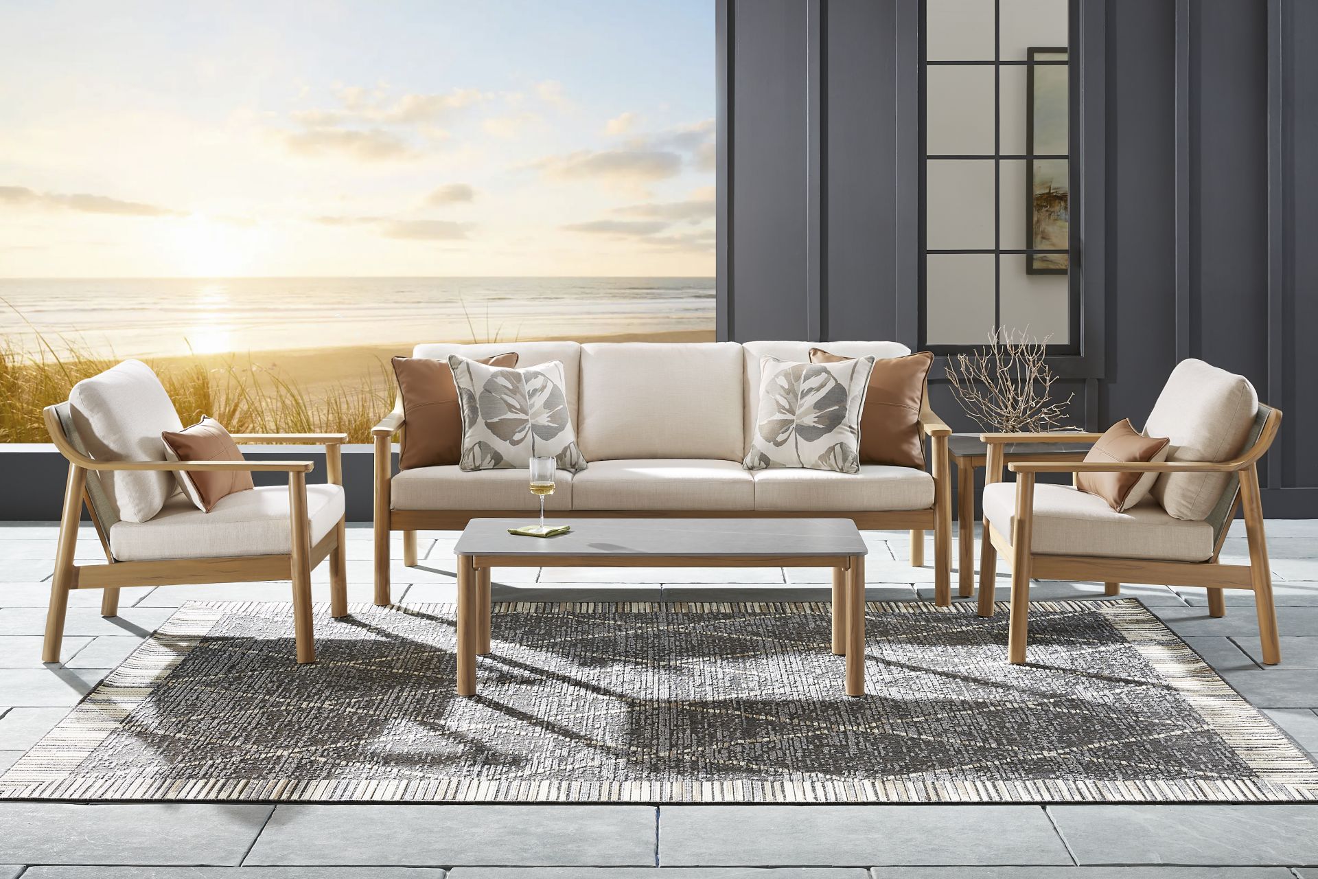 Logen Natural 3 Pc Outdoor Seating Set with Beige Cushions - Image 1