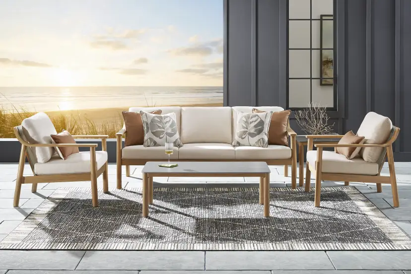 Logen Natural 3 Pc Outdoor Seating Set with Beige Cushions