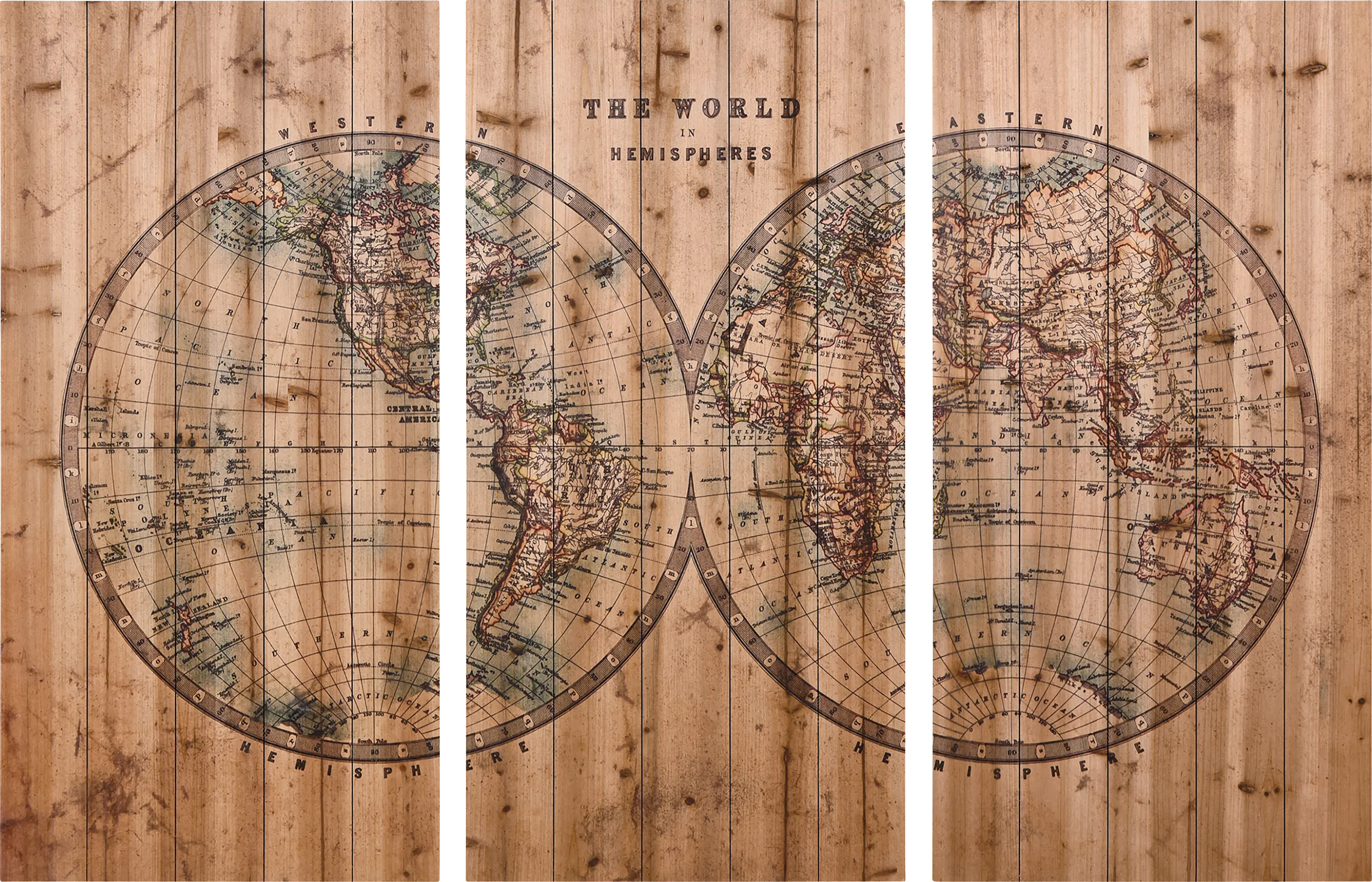 Aged World Map Set of 3 Artwork - Thumbnail - Image 1