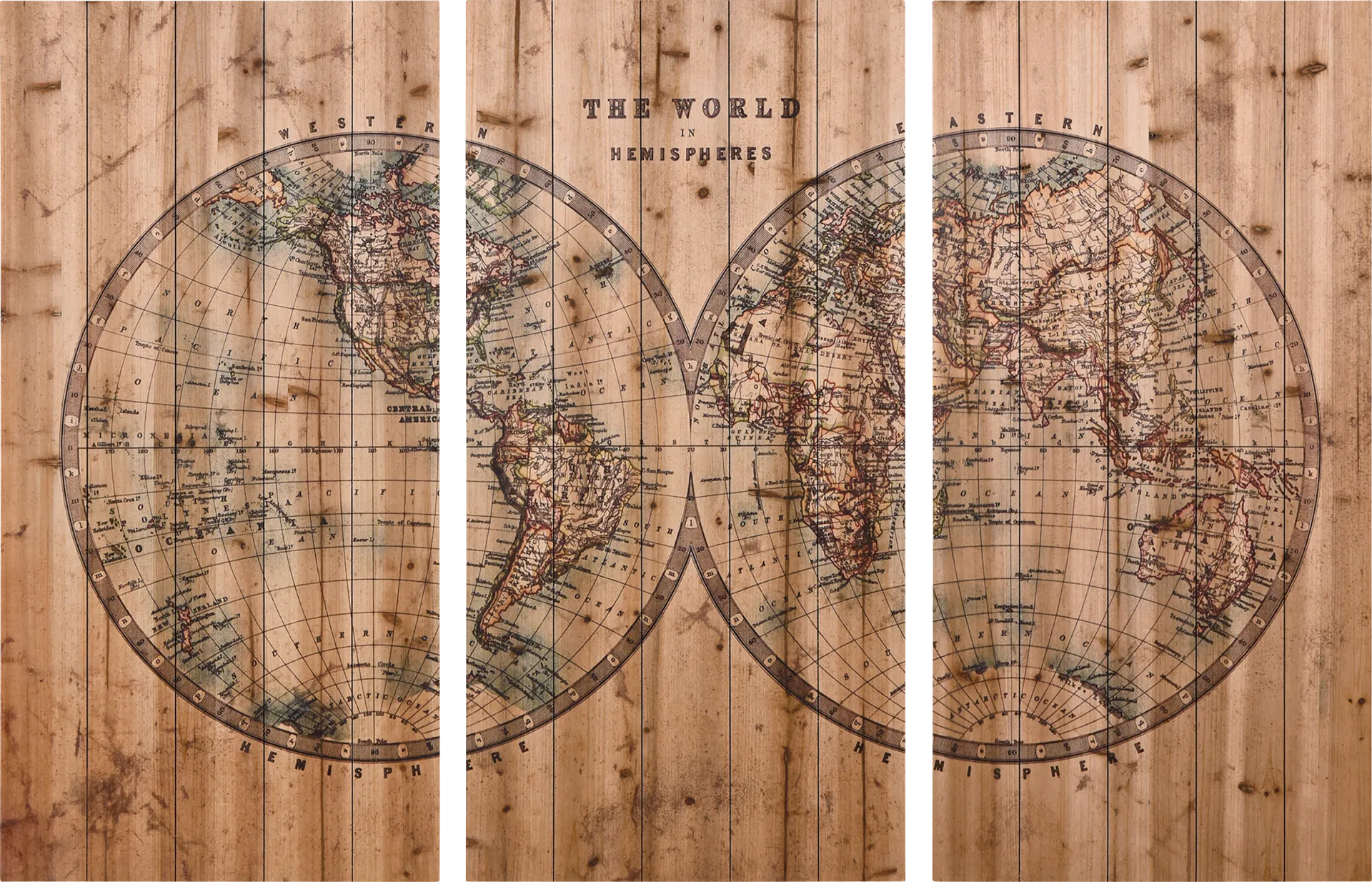 Aged World Map Set of 3 Artwork - Image 1