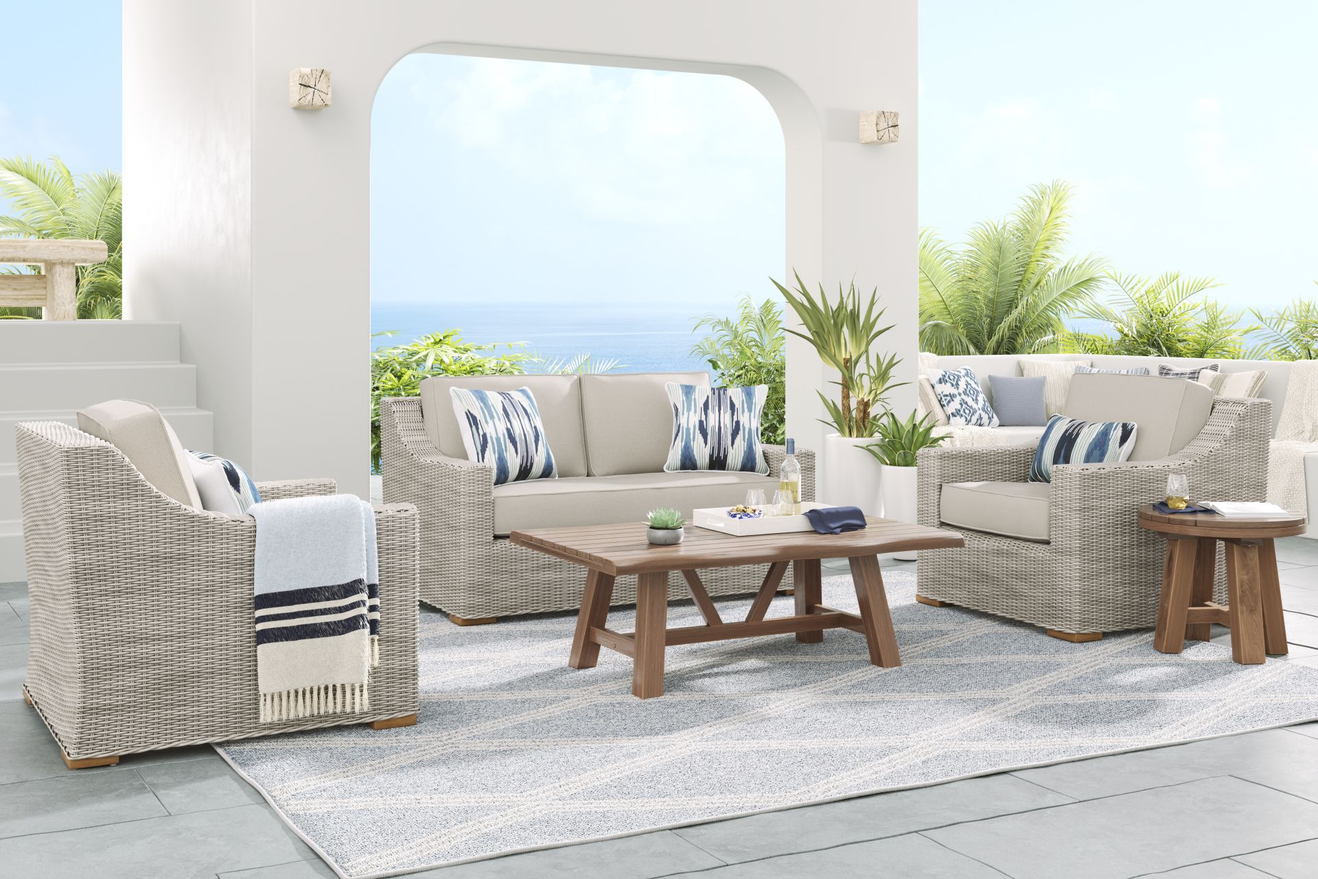 Patmos Gray 4 Pc Outdoor Loveseat Seating Set with Linen Cushions - Image 1