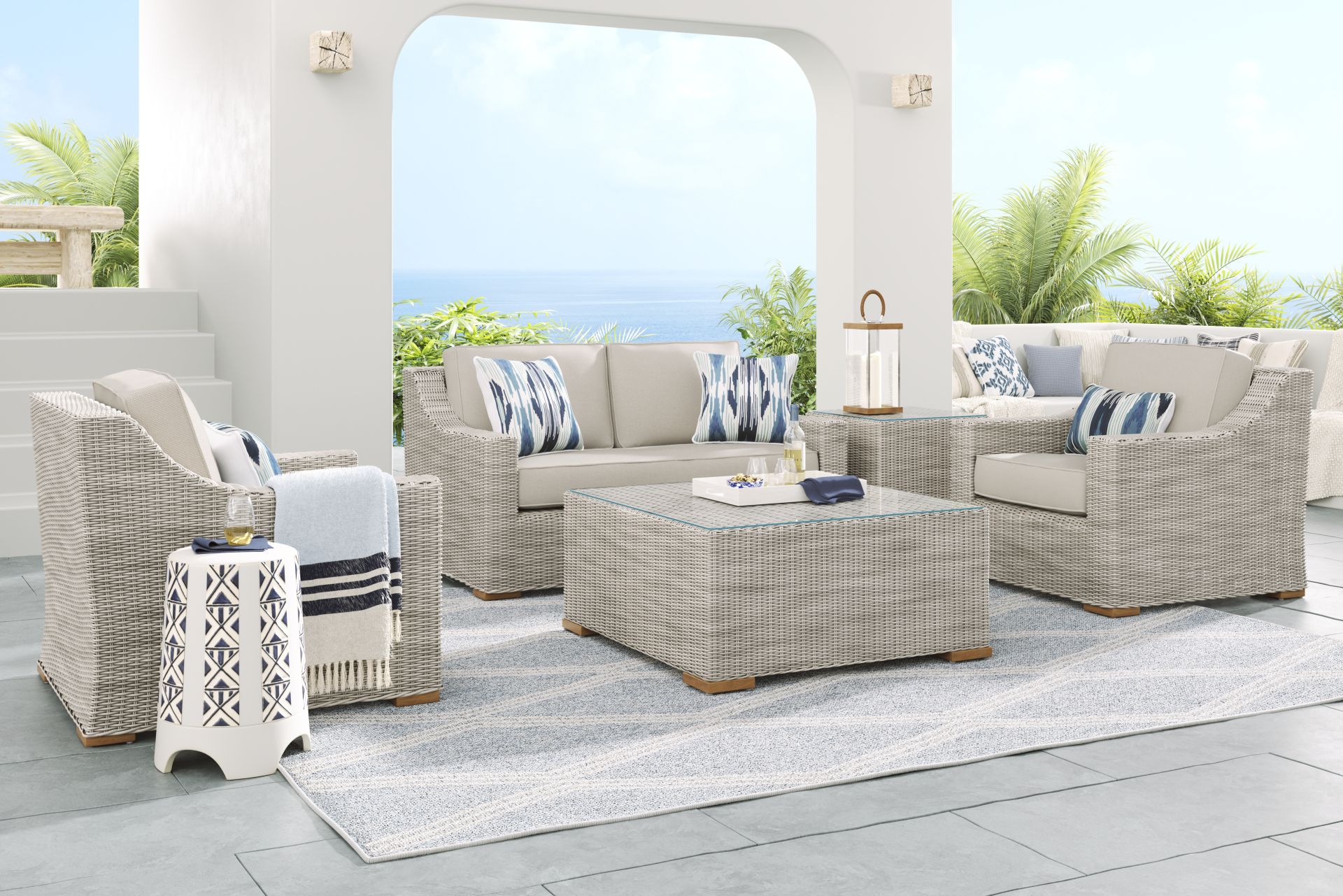 Patmos Gray 4 Pc Outdoor Loveseat Seating Set with Linen Cushions - Image 1