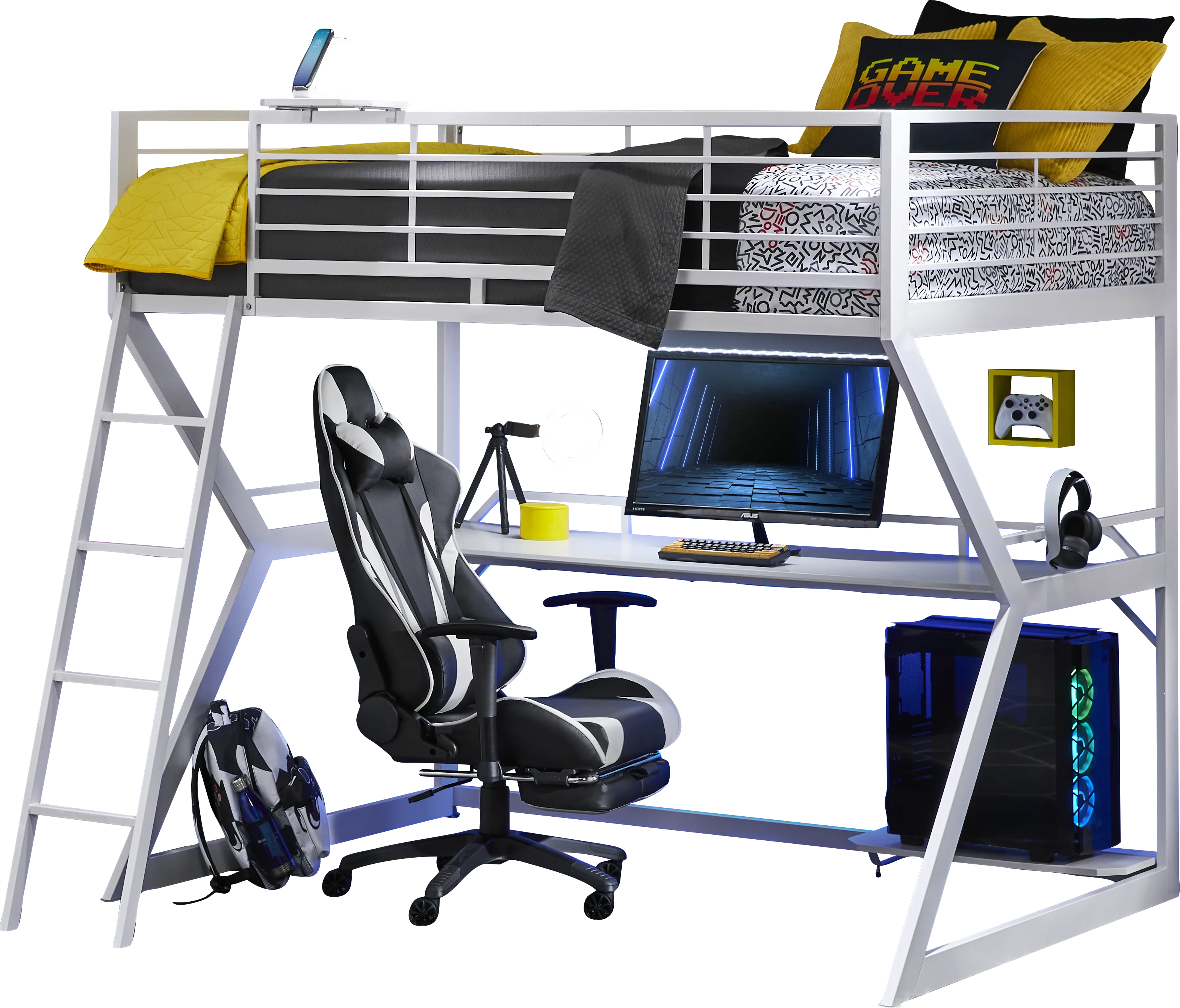 Kids Carbon Optix White Full Gaming Loft Bed with LED Lights and Accessories - Thumbnail - Image 1