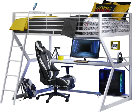 Kids Carbon Optix White Full Gaming Loft Bed with LED Lights and Accessories