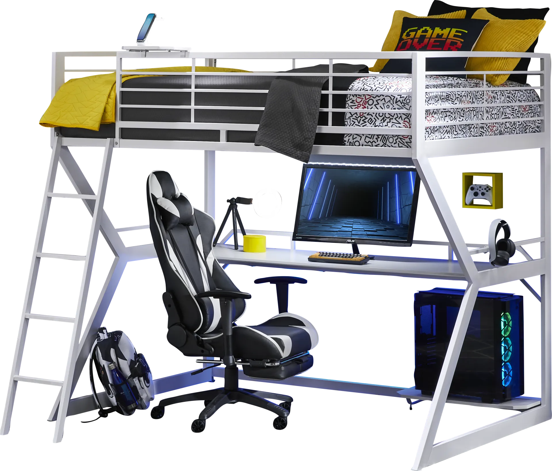 Kids Carbon Optix White Full Gaming Loft Bed with LED Lights and Accessories - Image 1