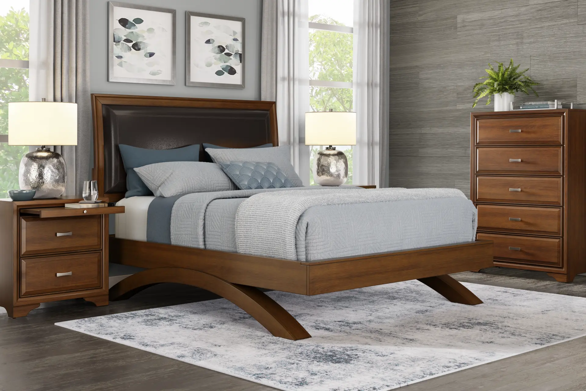 Small Spaces Belcourt Cherry 5 Pc King Upholstered Sleigh Arch Bedroom