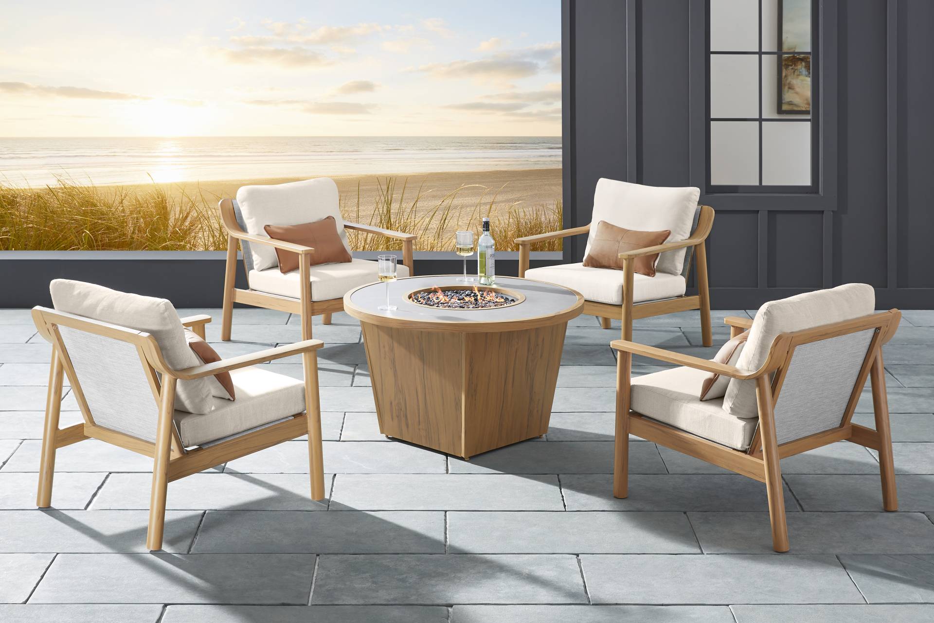 Logen Natural 5 Pc Round Outdoor Fire Pit Seating Set with Beige Cushions full room