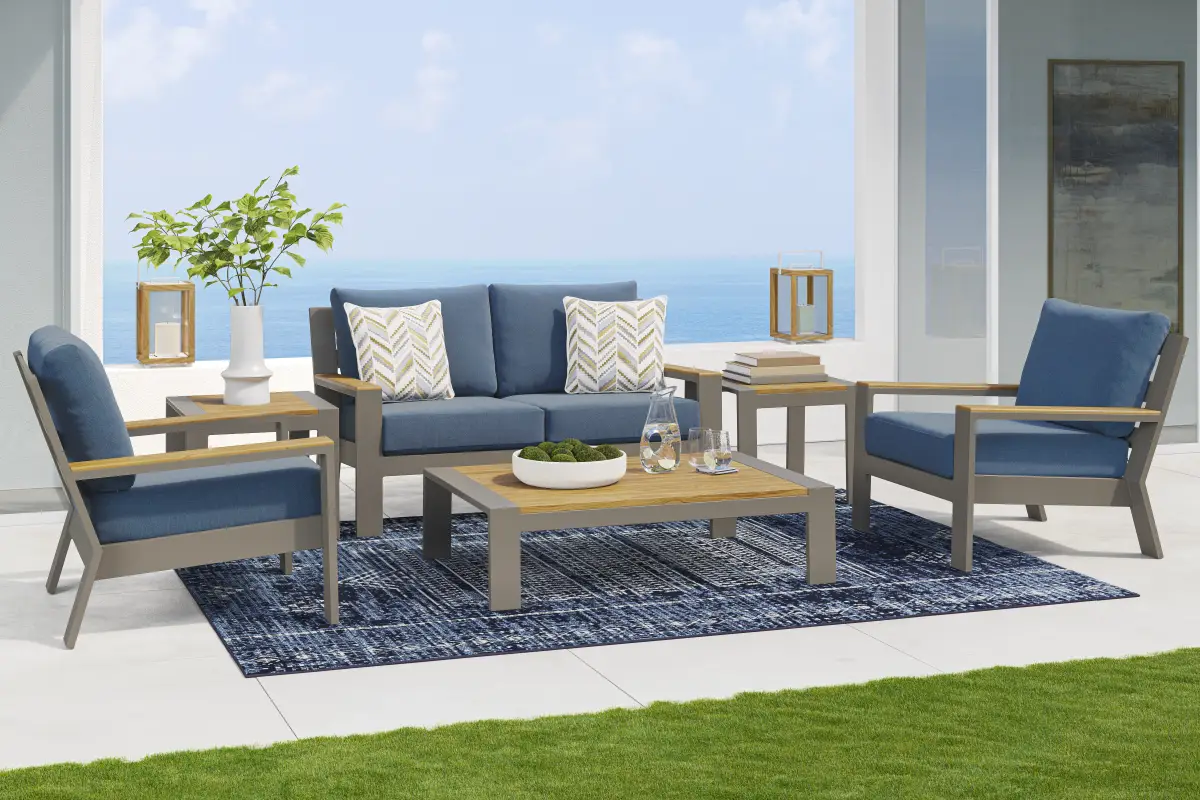 Solana Taupe Outdoor Loveseat with Blueberry Cushions
