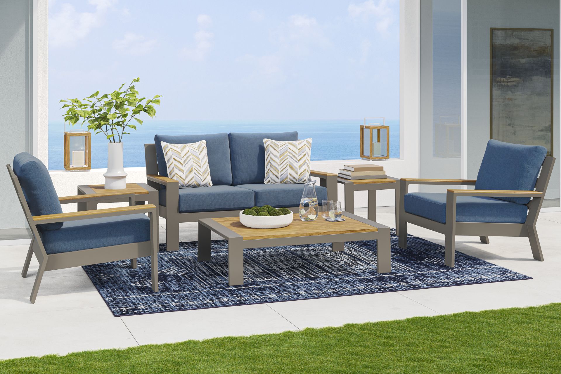 Solana Taupe 4 Pc Outdoor Loveseat Seating Set With Blueberry Cushions - Image 1