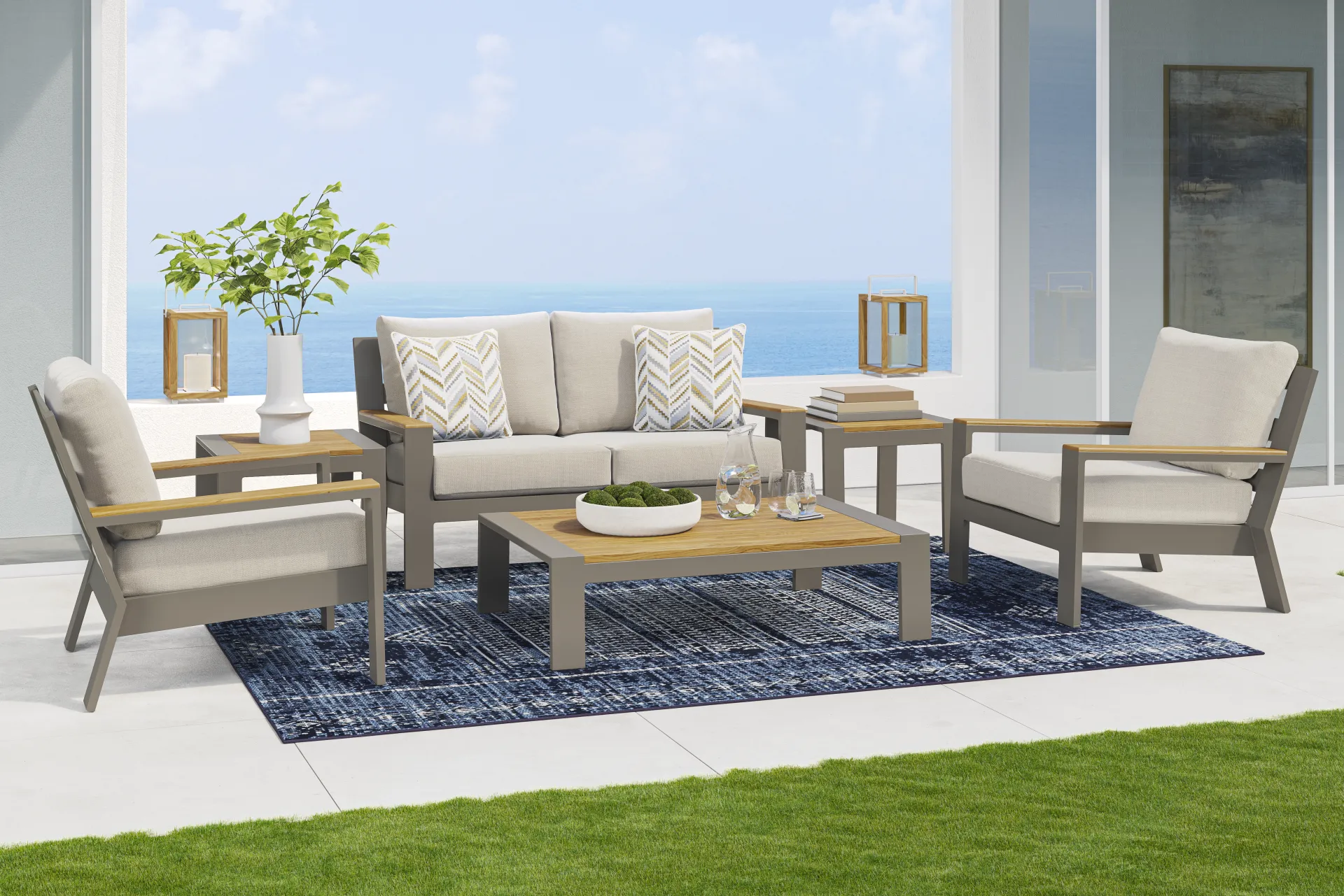 Solana Taupe Outdoor Loveseat with Bisque Cushions - Image 1