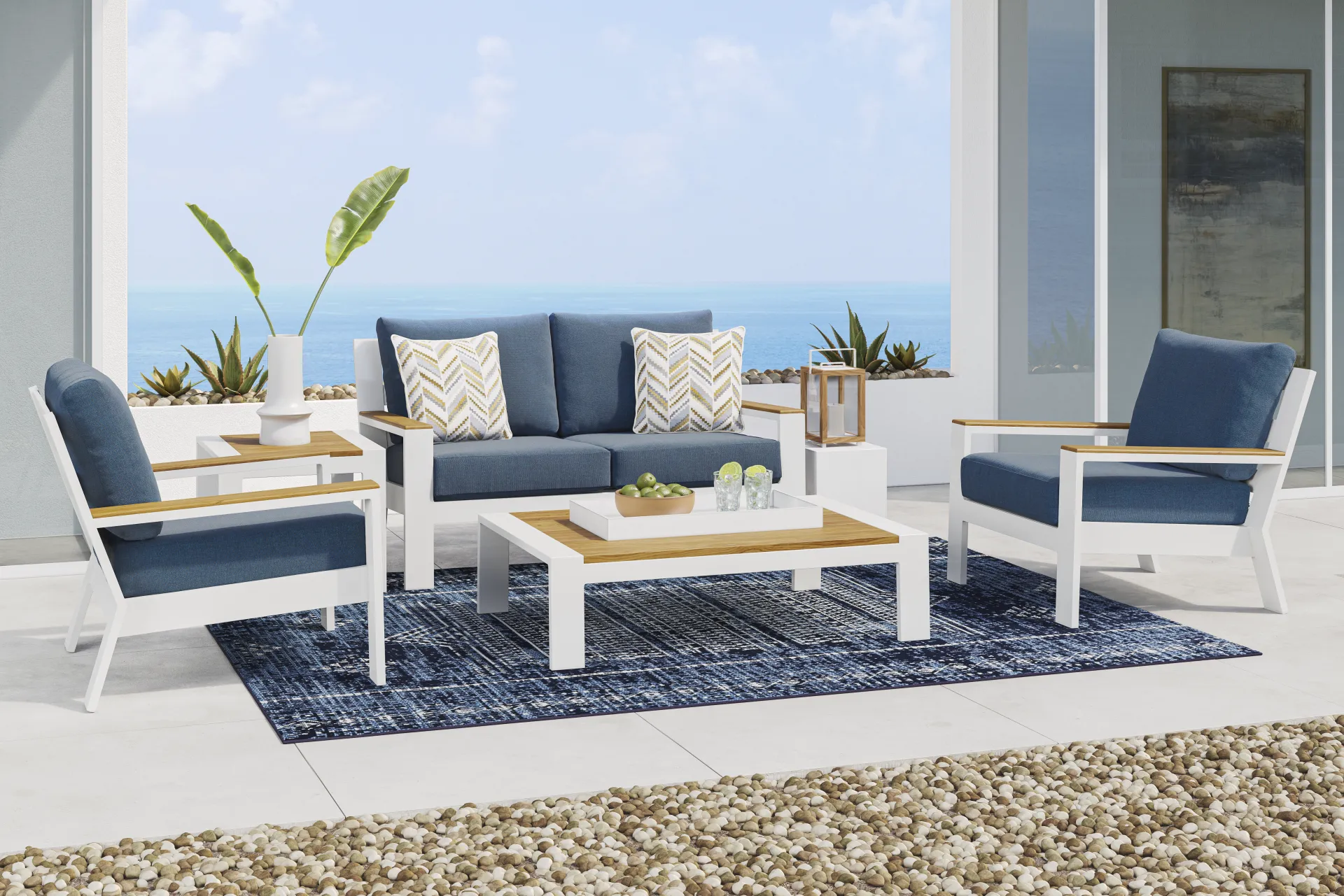 Solana White Outdoor Loveseat with Blueberry Cushions - Image 1
