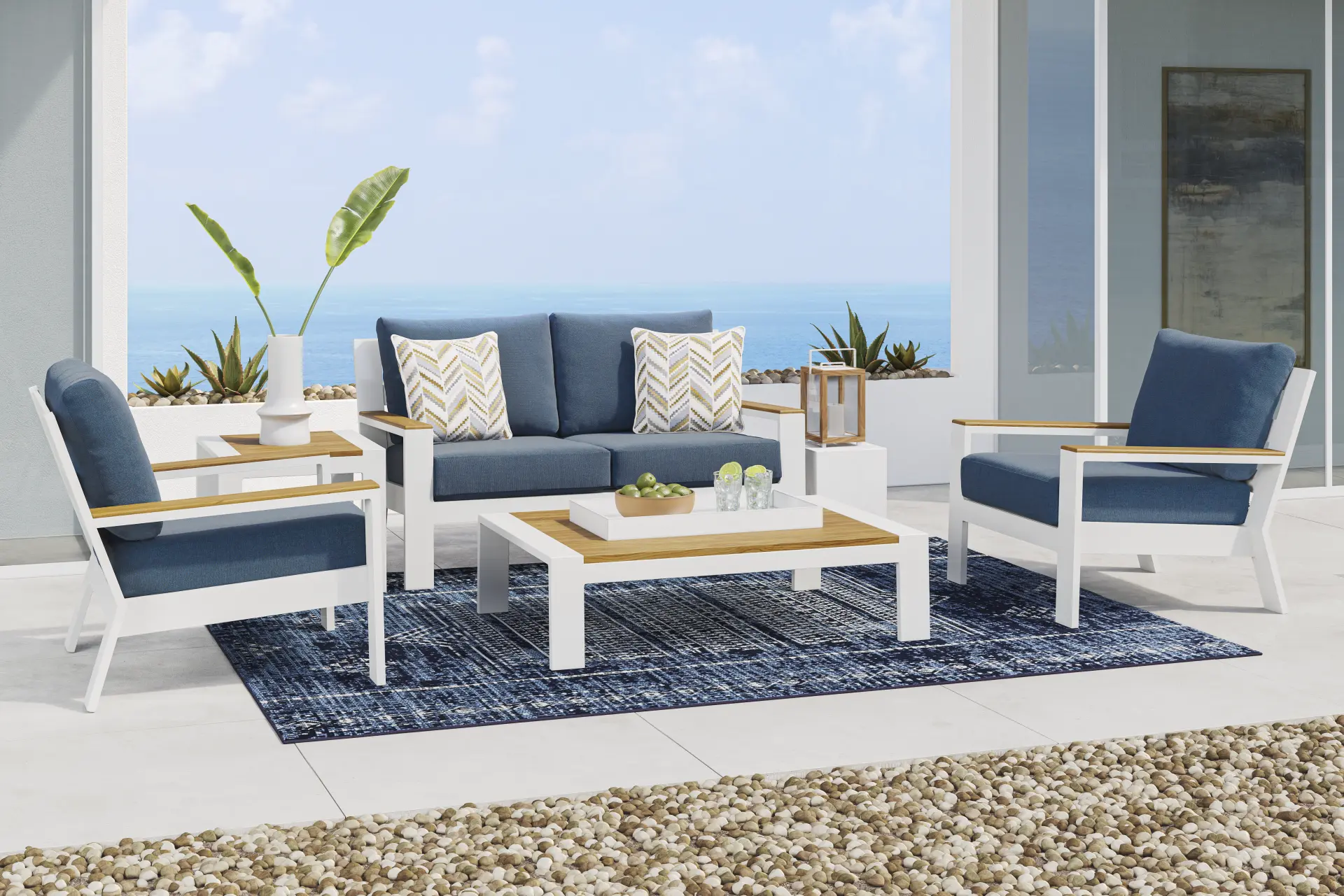 Solana White 4 Pc Outdoor Loveseat Seating Set With Blueberry Cushions