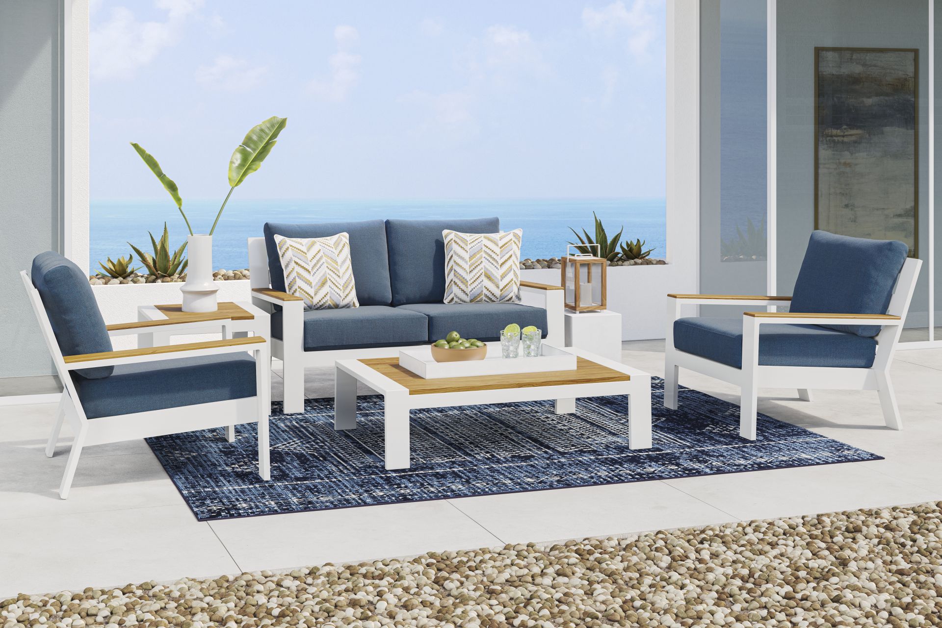 Solana White 4 Pc Outdoor Loveseat Seating Set With Blueberry Cushions - Image 1