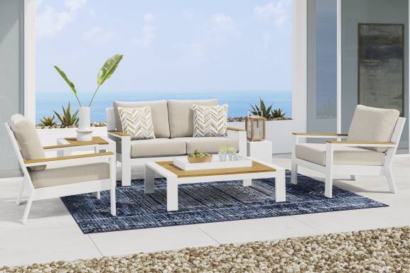 Solana White Outdoor Loveseat with Bisque Cushions