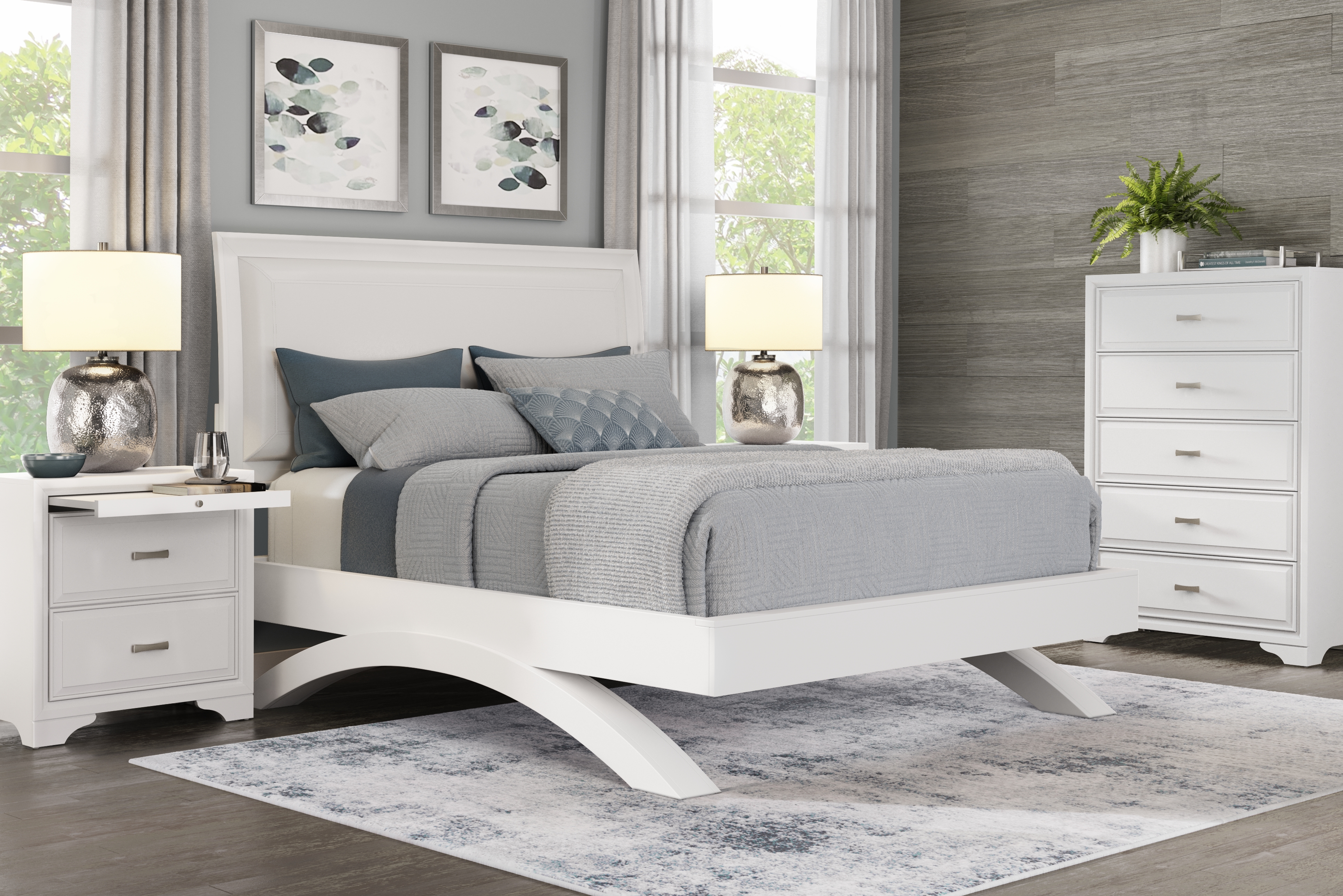 Belcourt White 3 Pc Queen Upholstered Sleigh Arch Bed