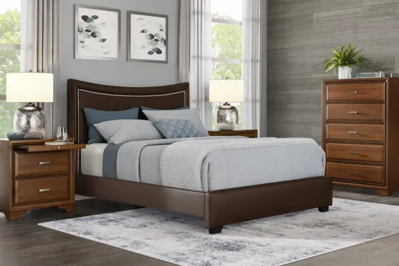 Belcourt Brown Cherry Finish 5 Pc Bedroom With Genoa Brown King Upholstered Bed