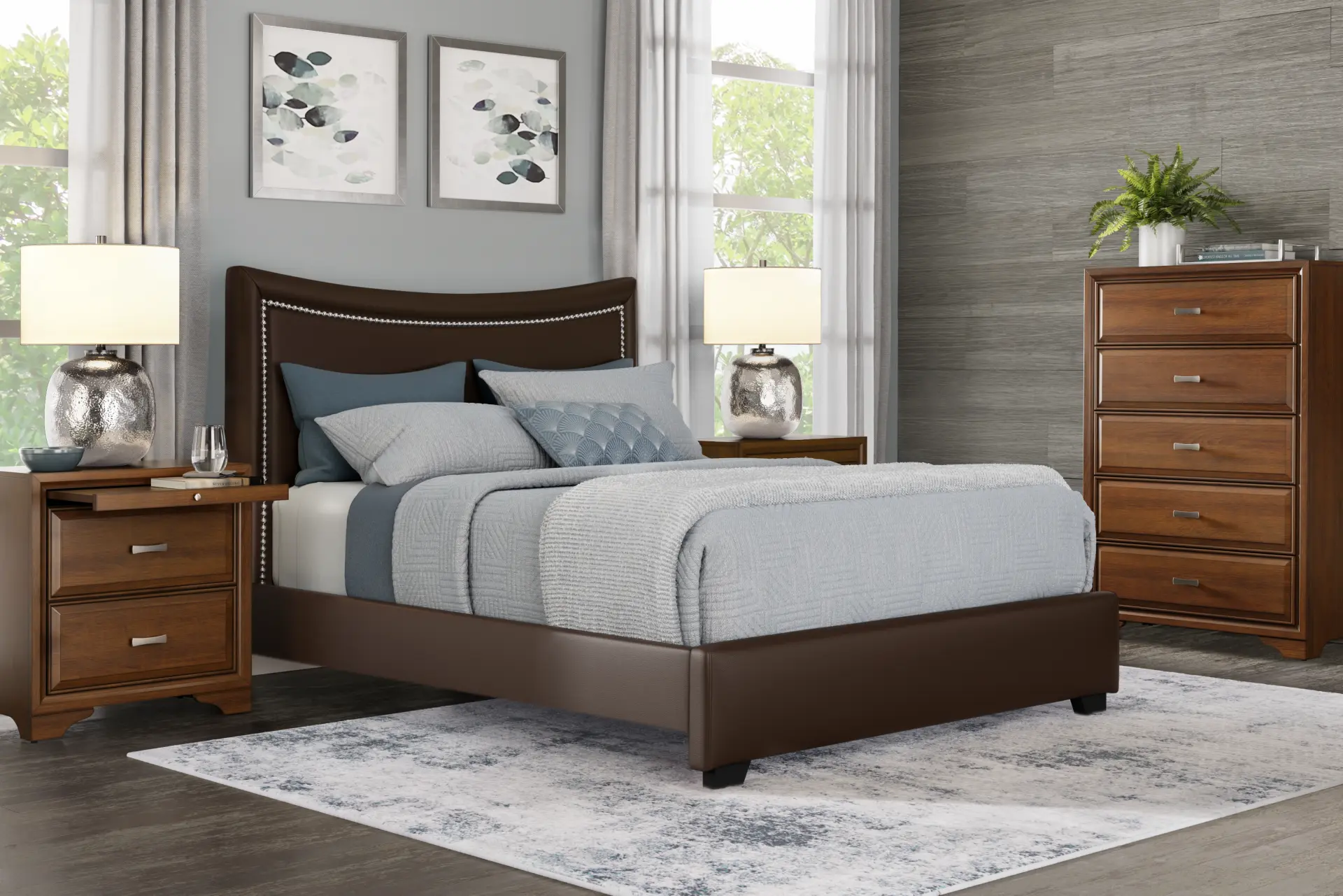 Belcourt Brown Cherry Finish 5 Pc Bedroom With Genoa Brown King Upholstered Bed