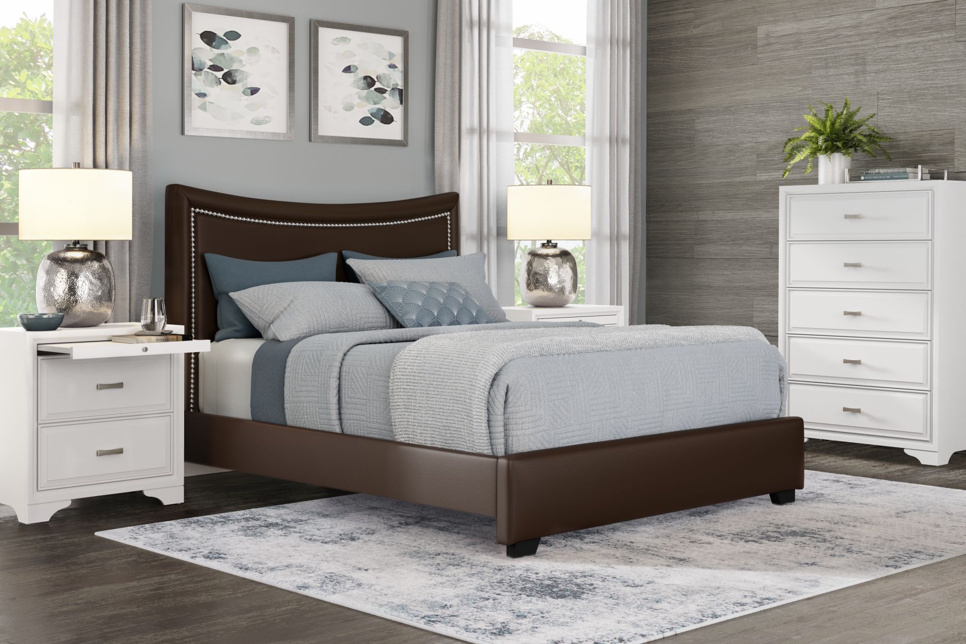 Belcourt White 5 Pc Bedroom With Genoa Brown King Upholstered Bed - Image 1