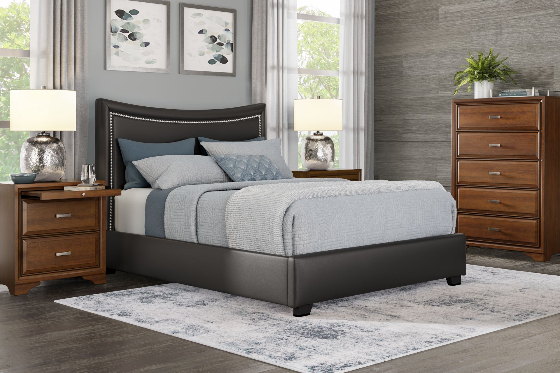 Belcourt Brown Cherry Finish 5 Pc Bedroom With Genoa Black Queen Upholstered Bed - Image 1