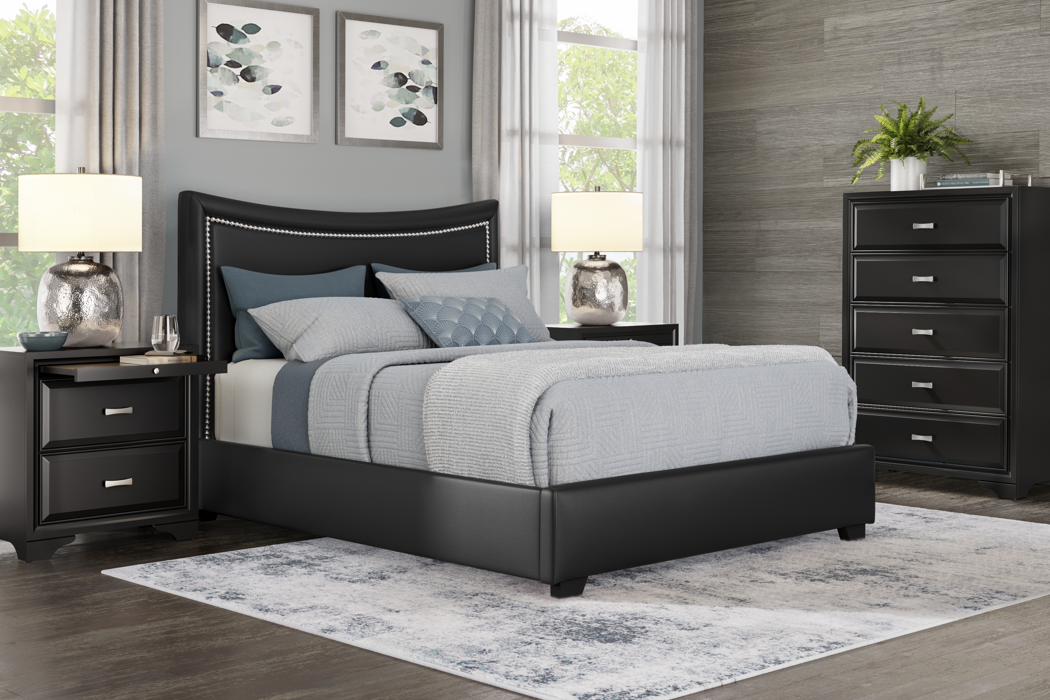 Belcourt Black 5 Pc Bedroom With Genoa Black Queen Upholstered Bed - Thumbnail - Image 1
