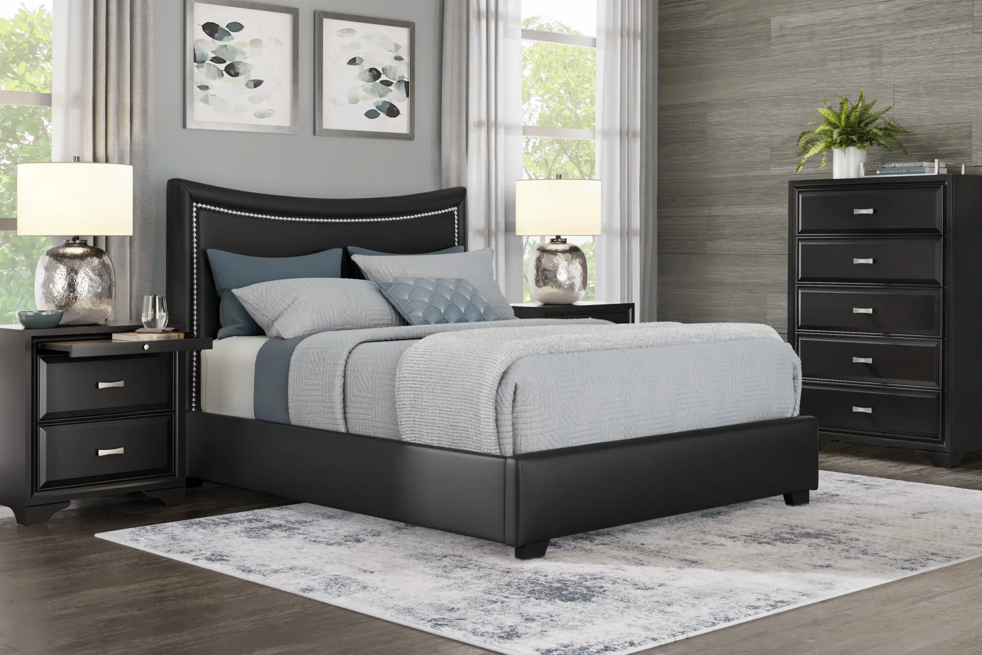 Belcourt Black 5 Pc Bedroom With Genoa Black King Upholstered Bed
