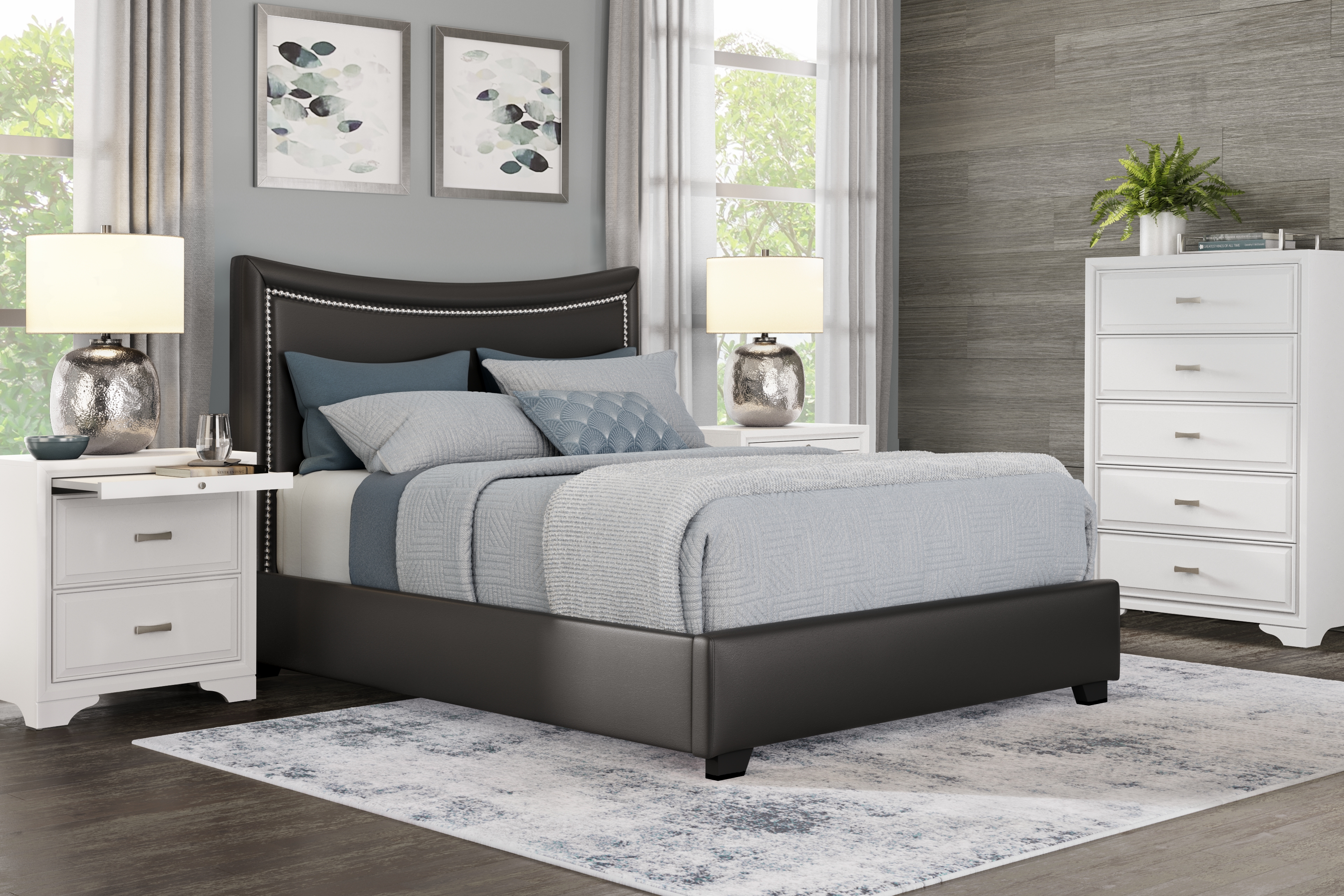 Belcourt White 5 Pc Bedroom With Genoa Black Queen Upholstered Bed - Thumbnail - Image 1