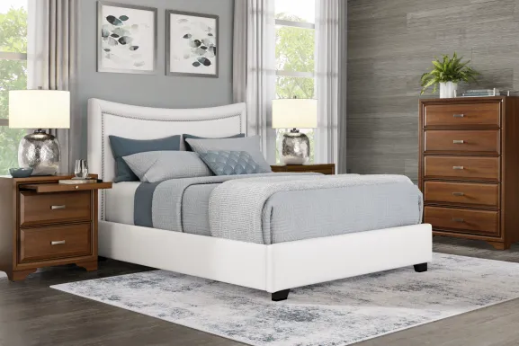 Belcourt Brown Cherry Finish 5 Pc Bedroom With Genoa Ivory King Upholstered Bed