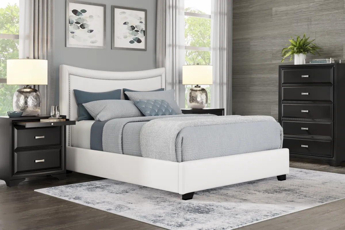 Belcourt Black 5 Pc Bedroom With Genoa Ivory Queen Upholstered Bed