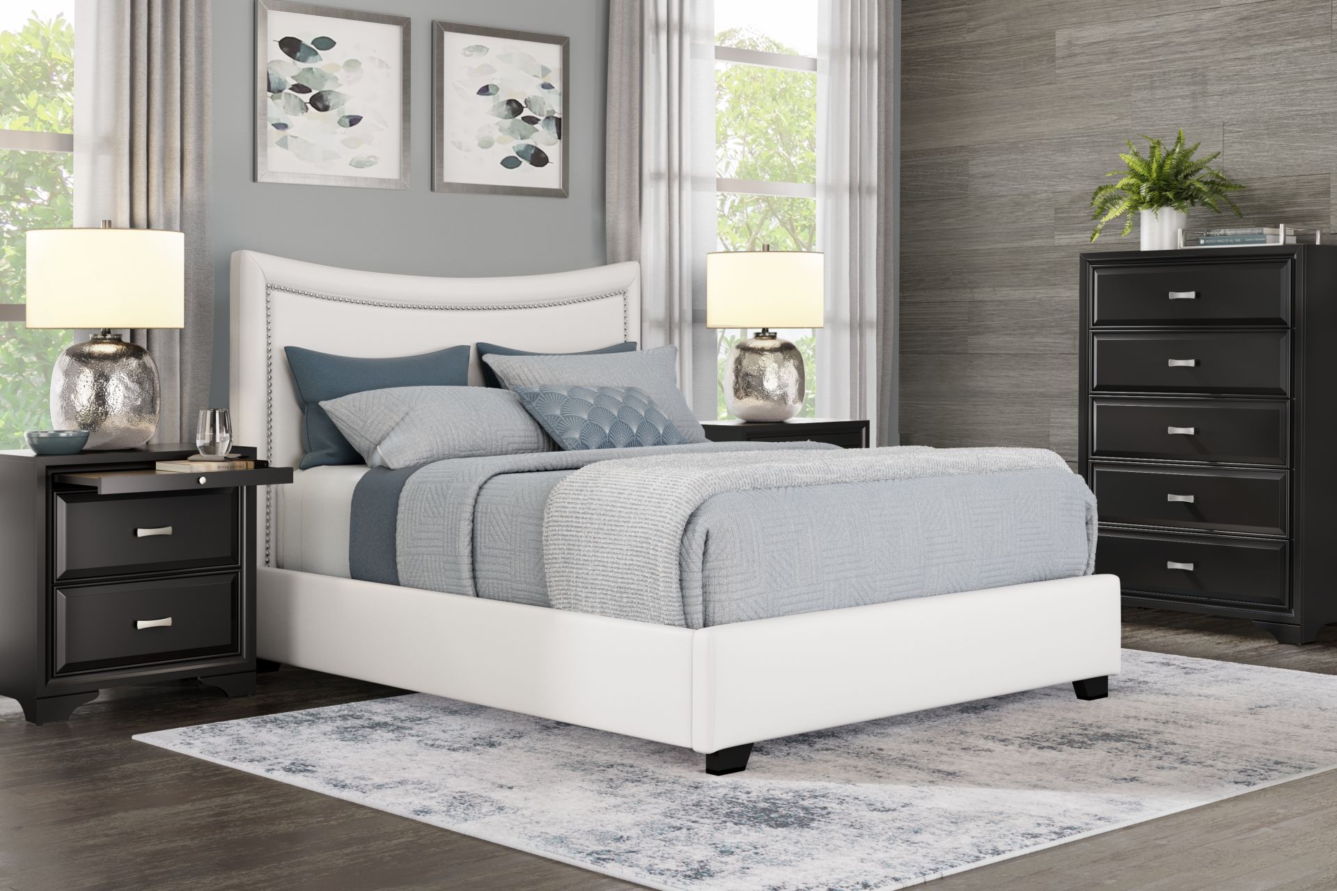 Belcourt Black 5 Pc Bedroom With Genoa Ivory King Upholstered Bed - Image 1