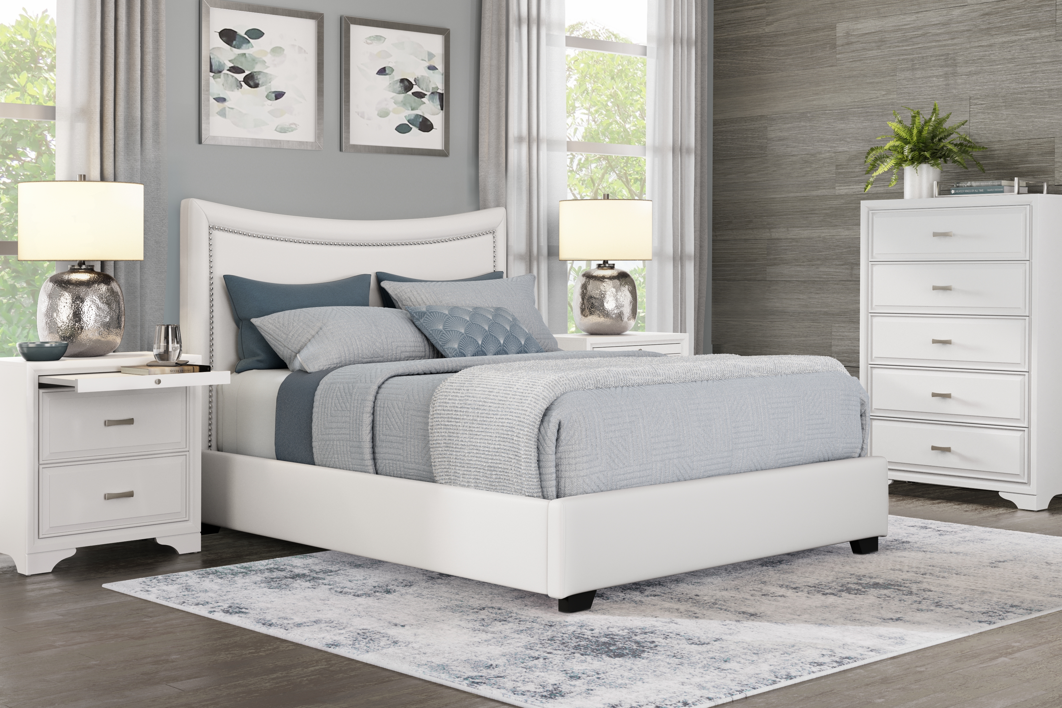 Belcourt White 5 Pc Bedroom With Genoa Ivory King Upholstered Bed - Thumbnail - Image 1