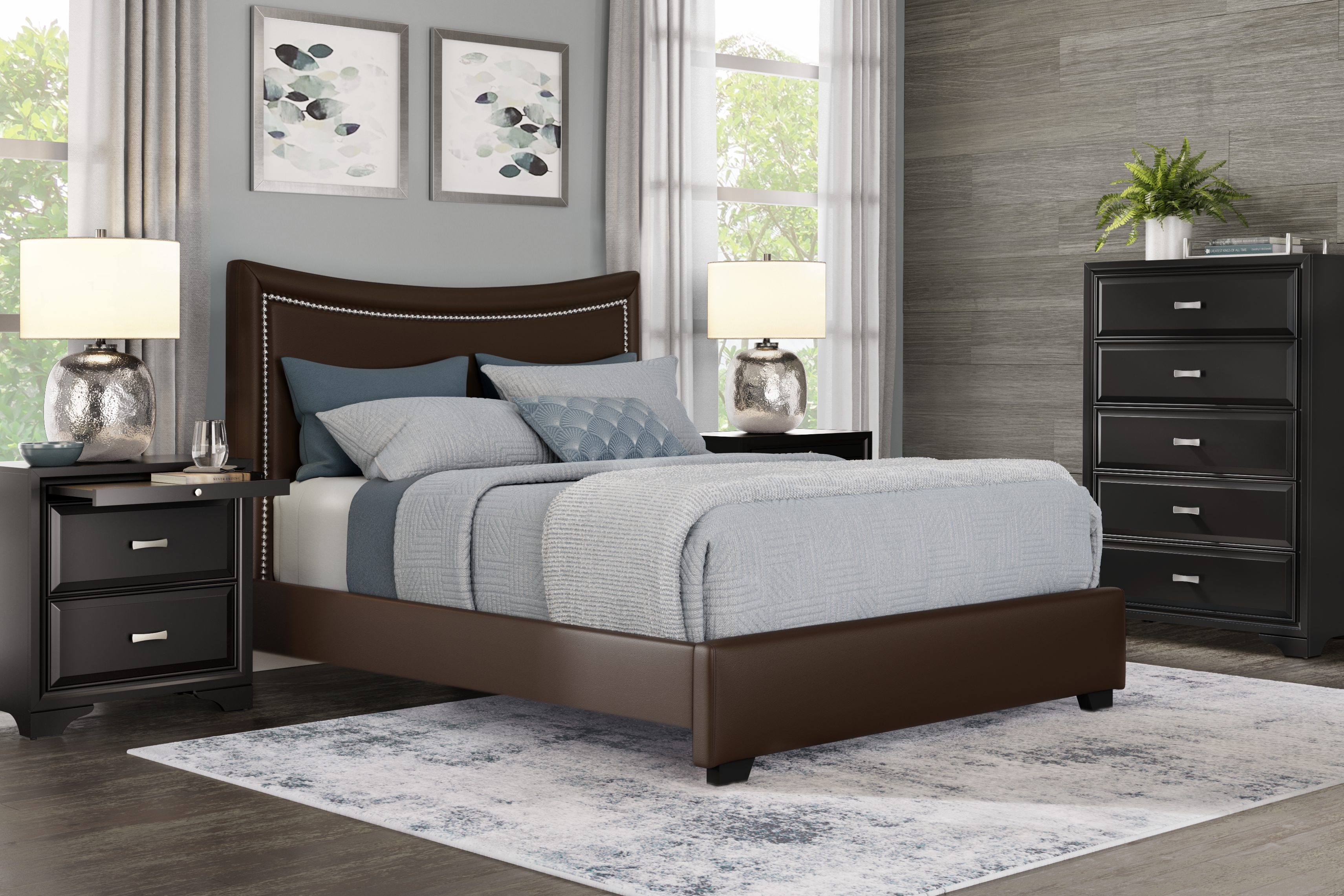 Belcourt Black 5 Pc Bedroom With Genoa Brown King Upholstered Bed - Thumbnail - Image 1