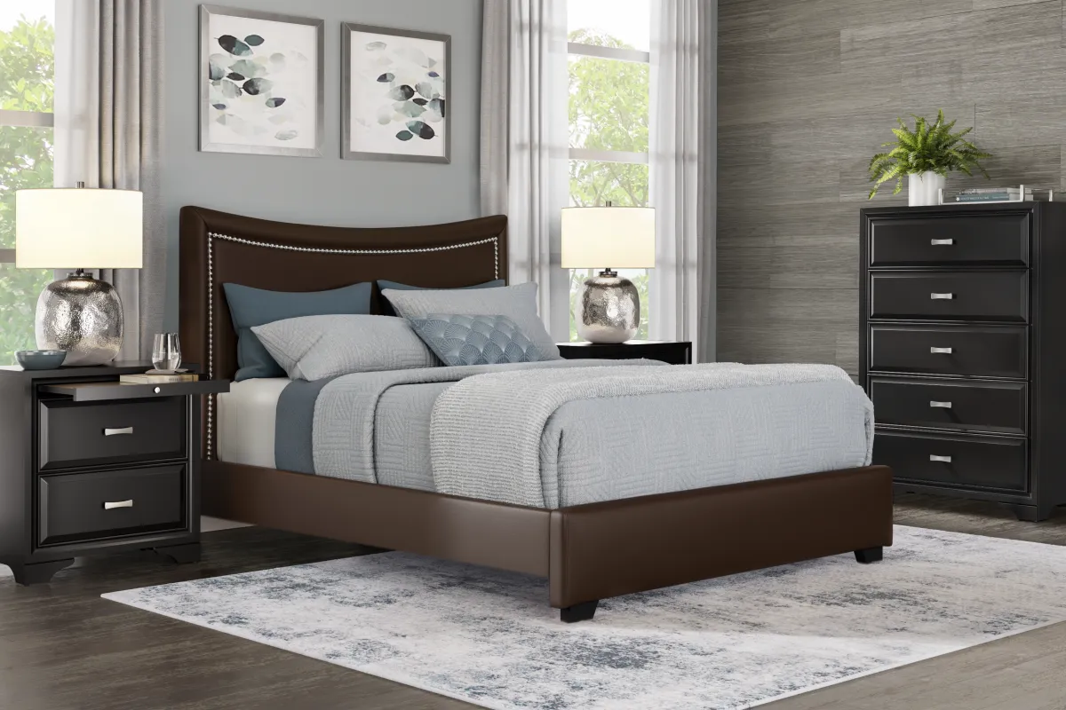 Belcourt Black 5 Pc Bedroom With Genoa Brown Queen Upholstered Bed
