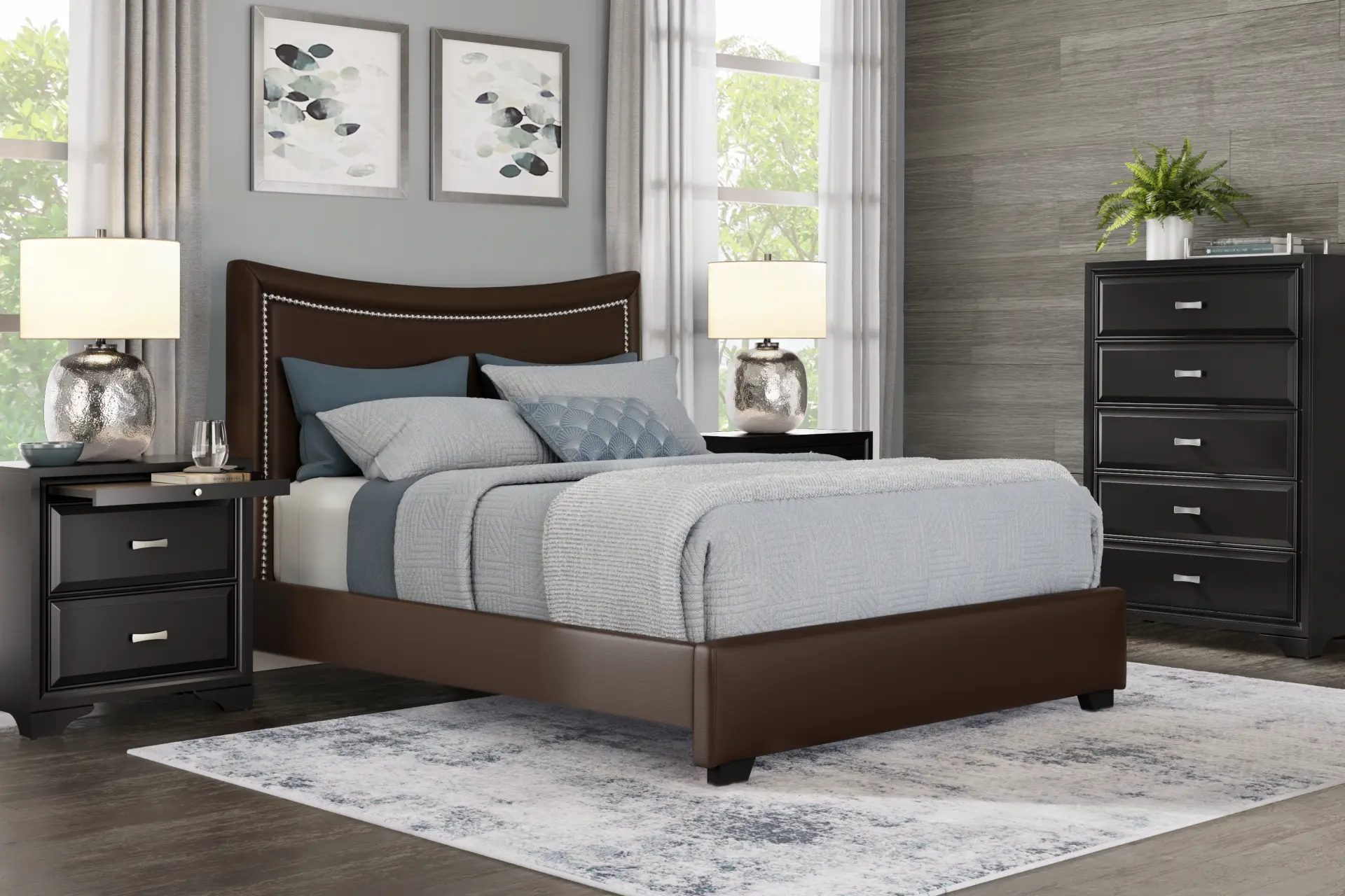 Belcourt Black 5 Pc Bedroom With Genoa Brown Queen Upholstered Bed