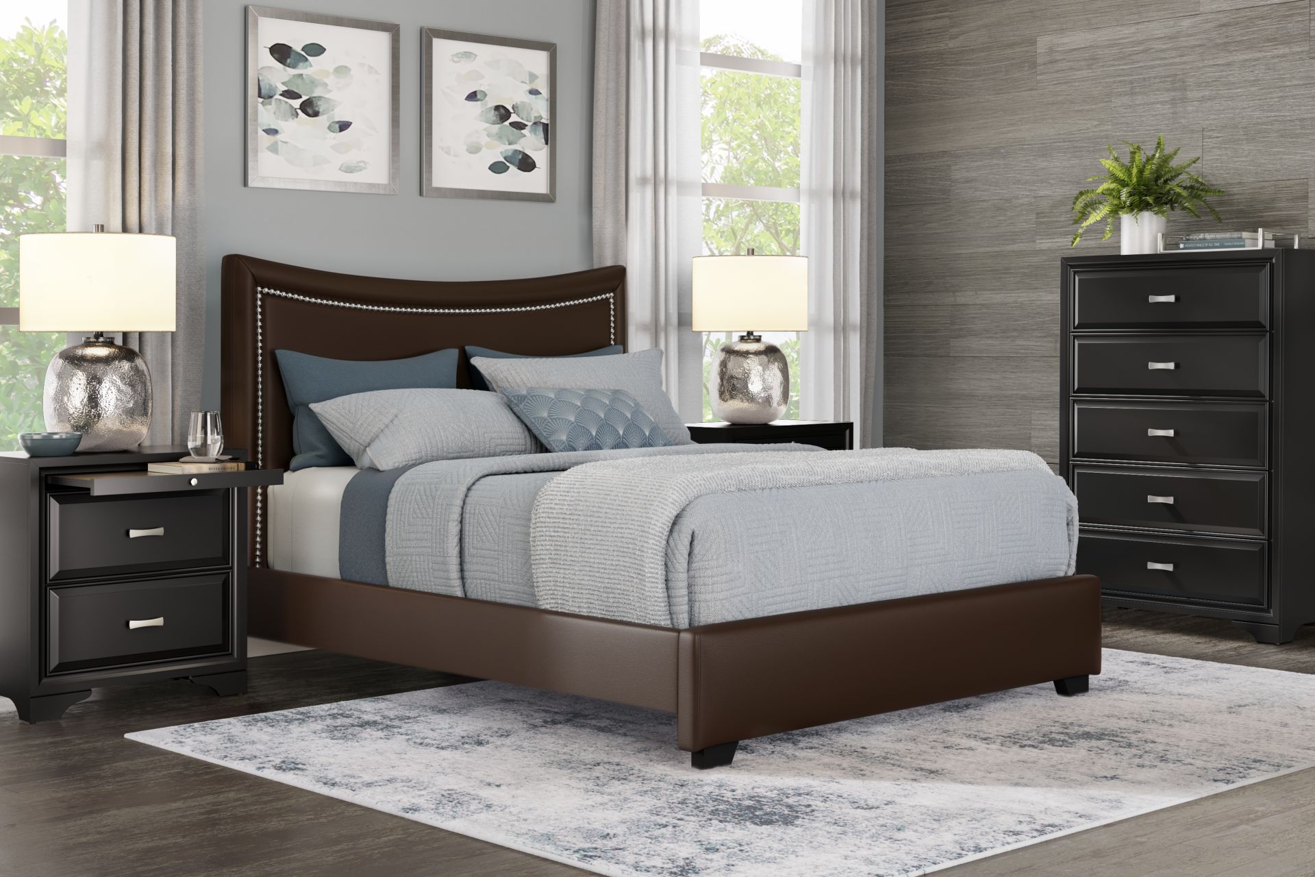Belcourt Black 5 Pc Bedroom With Genoa Brown Queen Upholstered Bed - Image 1