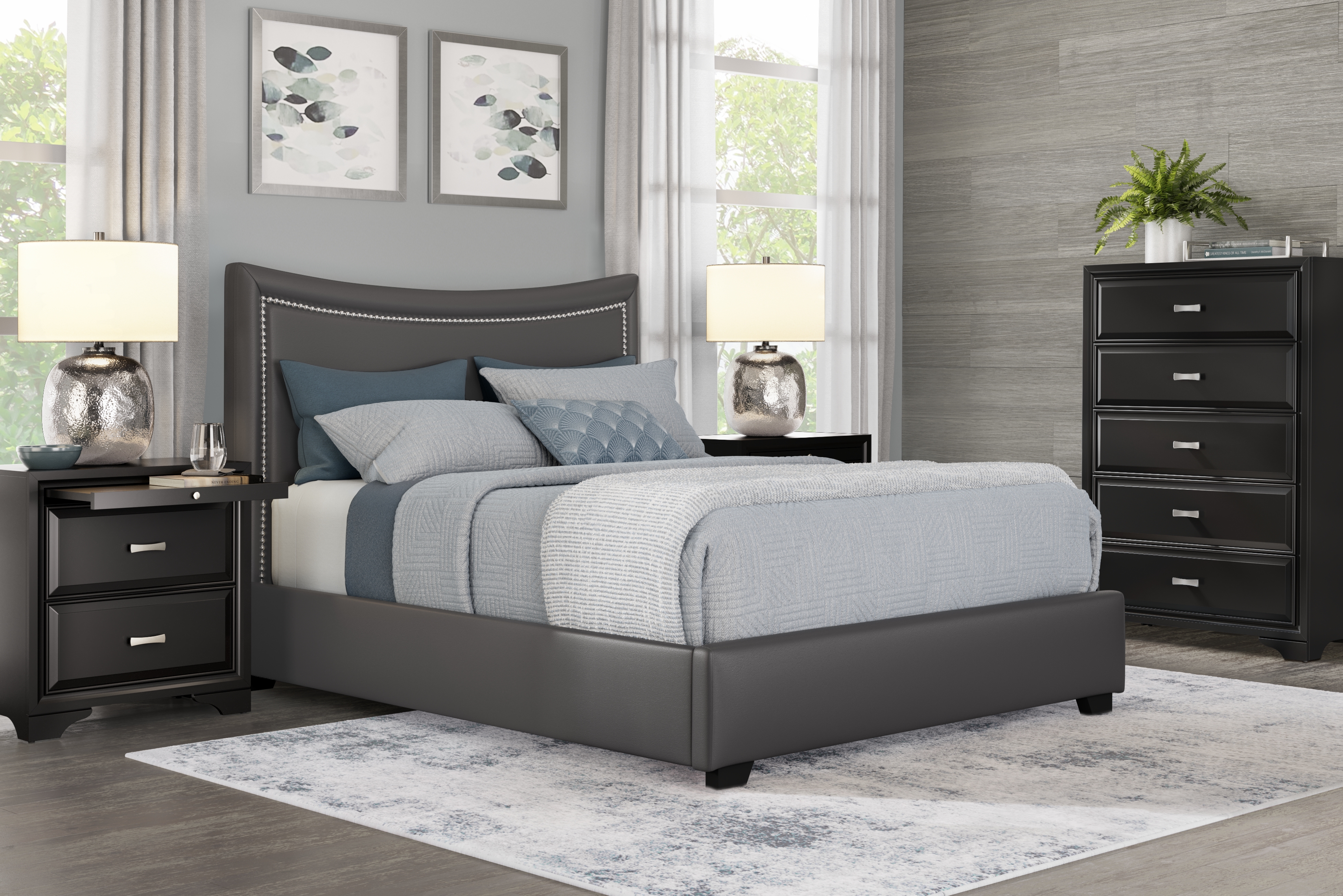 Belcourt Black 5 Pc Bedroom With Genoa Gray Queen Upholstered Bed - Thumbnail - Image 1