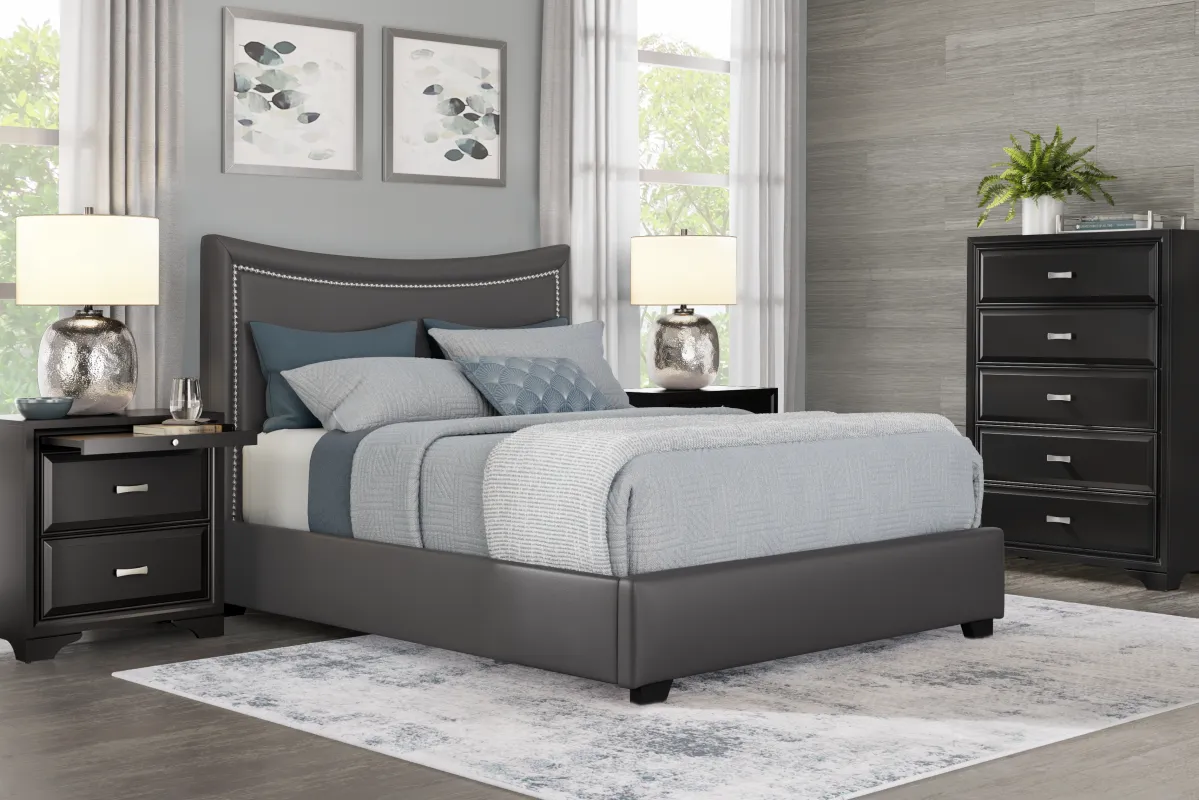 Belcourt Black 5 Pc Bedroom With Genoa Gray Queen Upholstered Bed