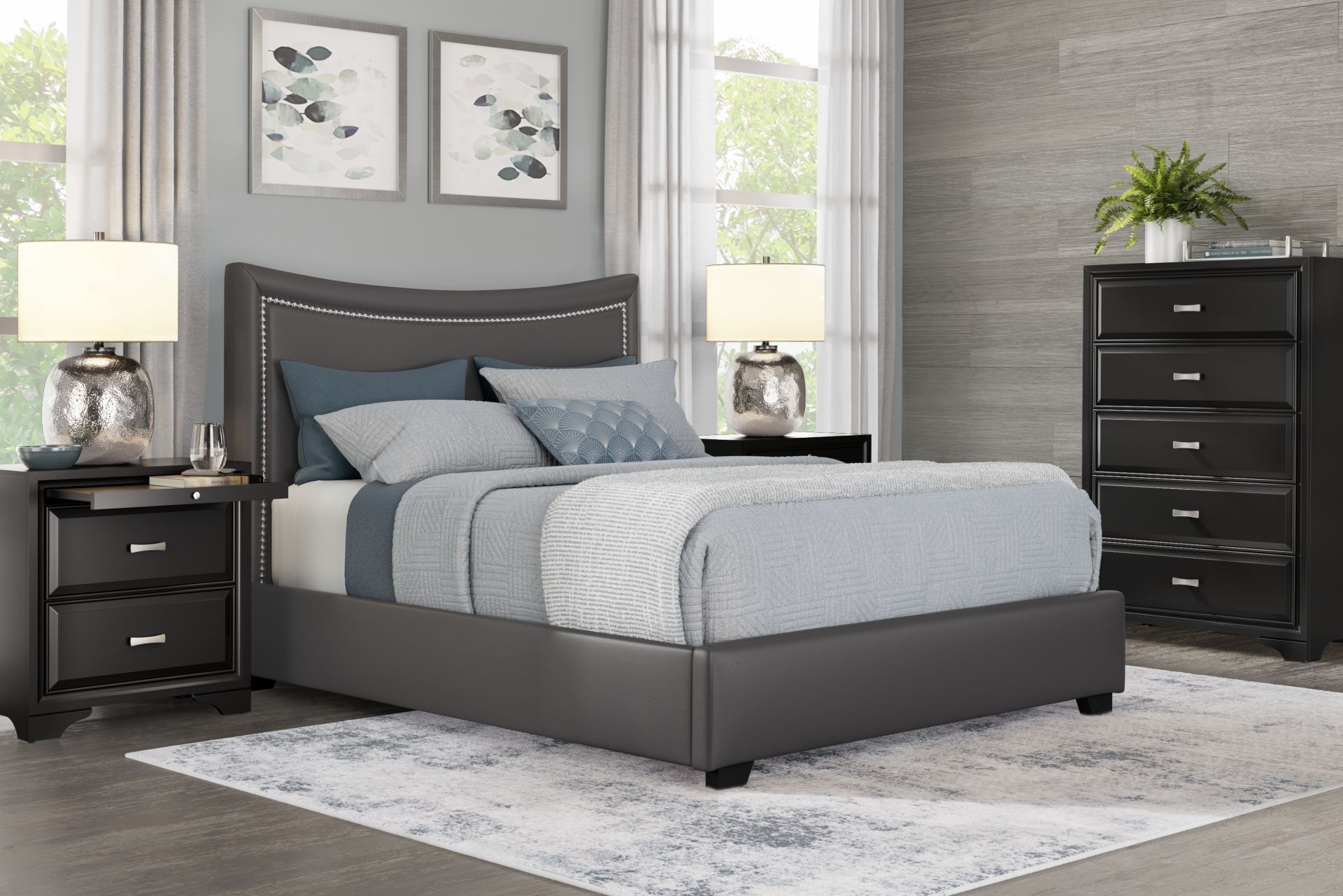 Belcourt Black 5 Pc Bedroom With Genoa Gray King Upholstered Bed - Image 1
