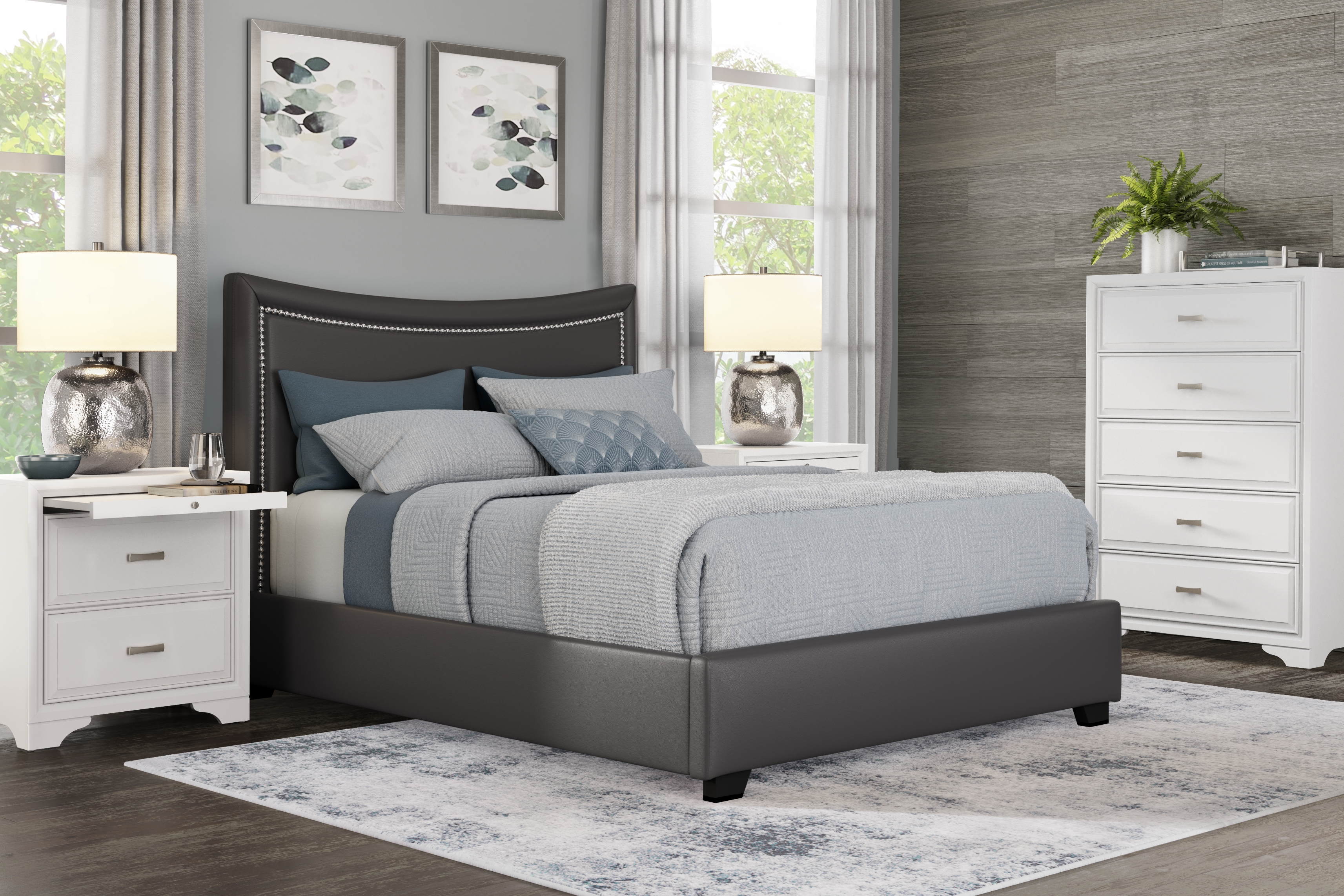 Belcourt White 5 Pc Bedroom With Genoa Gray King Upholstered Bed - Thumbnail - Image 1