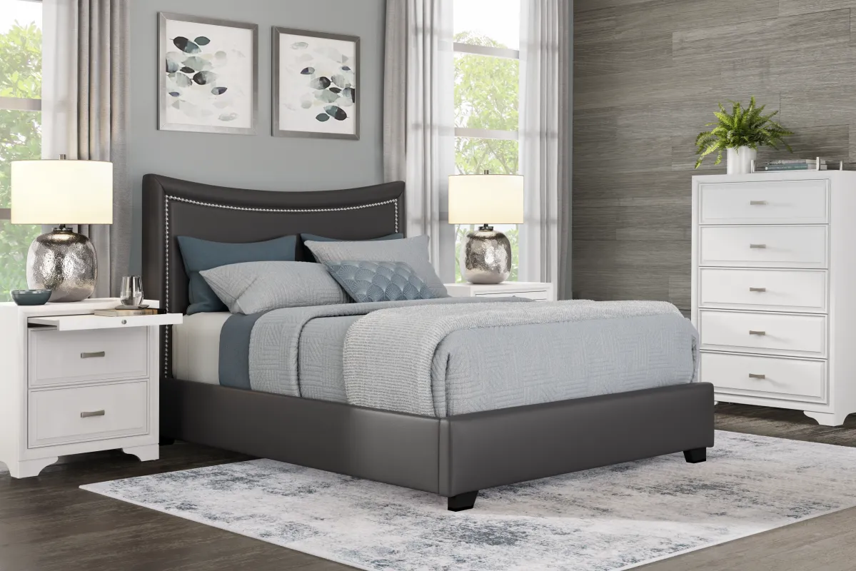 Belcourt White 5 Pc Bedroom With Genoa Gray Queen Upholstered Bed