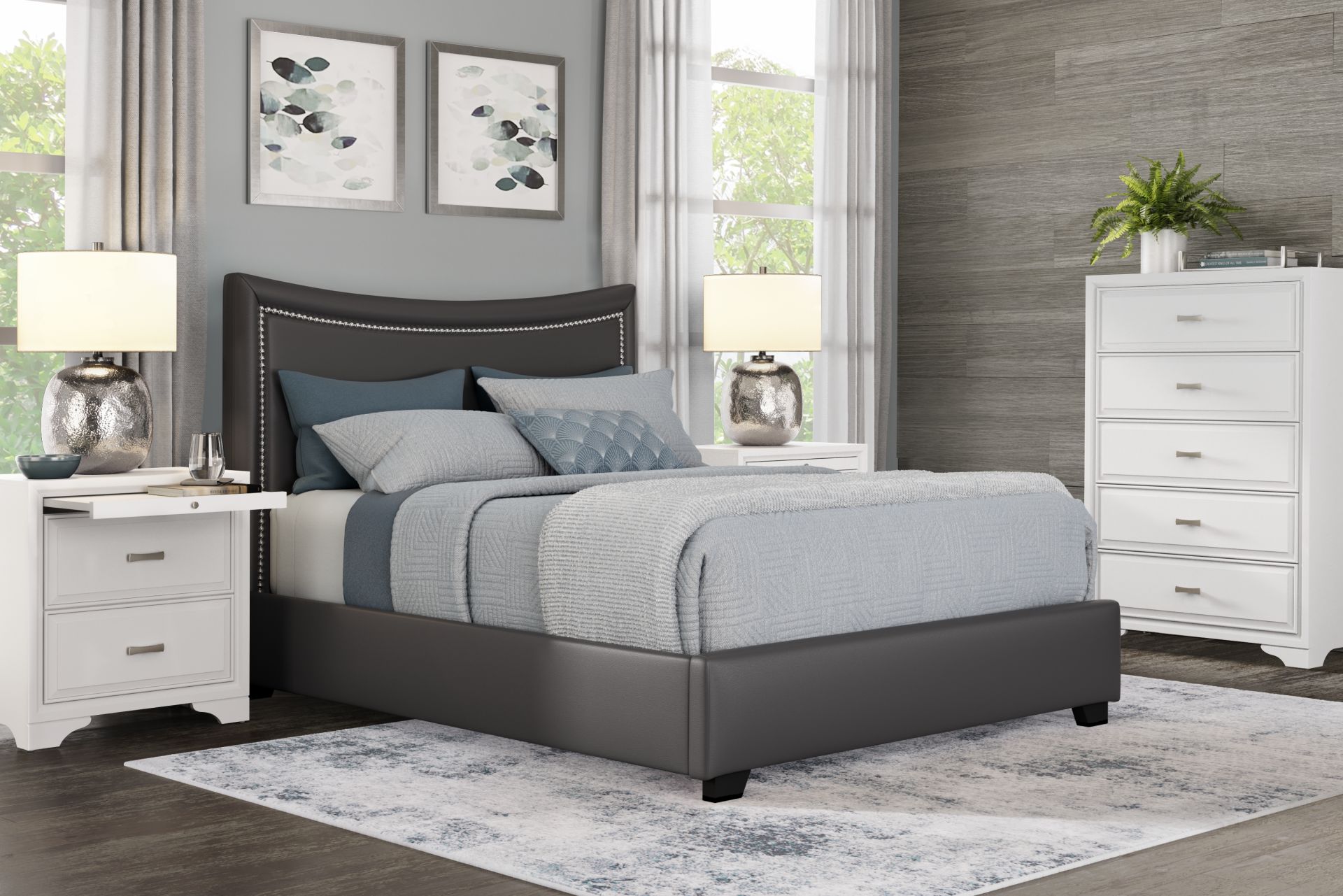 Belcourt White 5 Pc Bedroom With Genoa Gray King Upholstered Bed - Image 1